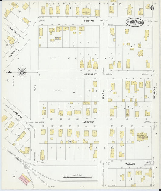 Sanborn Fire Insurance Map from Rhinelander, Oneida County, Wisconsin (1908), Sheet #0006 - Historic Sanborn Fire Insurance Map Print, vintage old map wall art, antique decor, genealogy gift, Wisconsin Wisconsin map