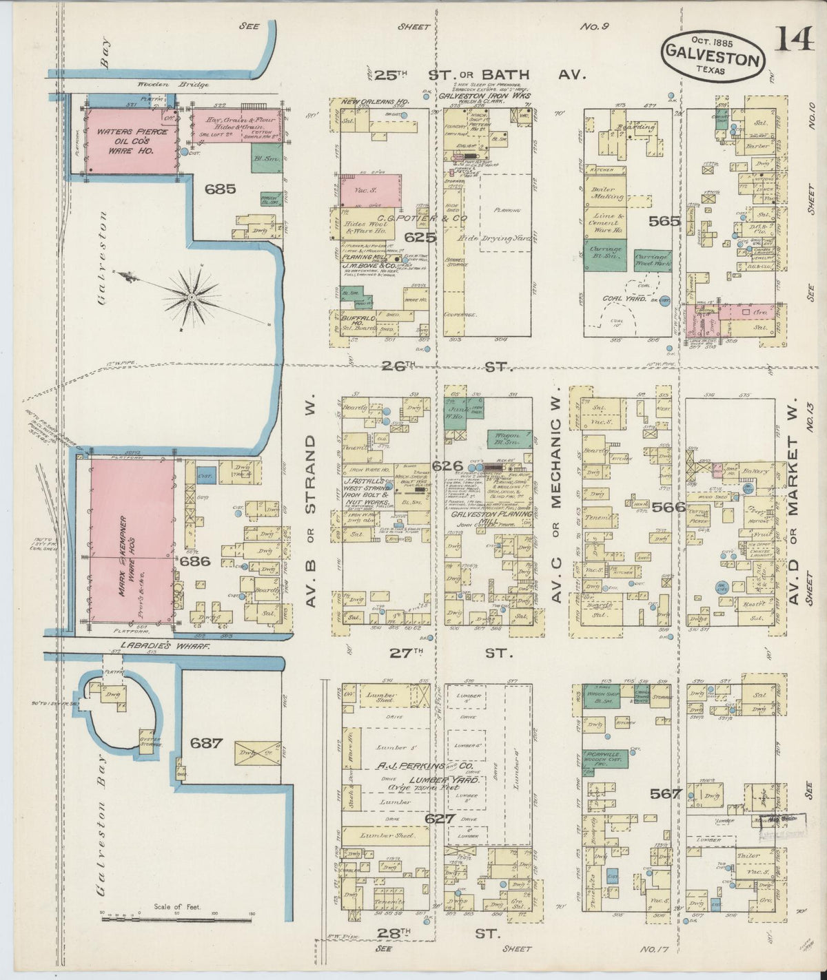 Sanborn Fire Insurance Map from Galveston, Galveston County, Texas (1885), Sheet #0014 - Complete Map Set gallery image, historic Sanborn map, vintage wall art, Texas Texas