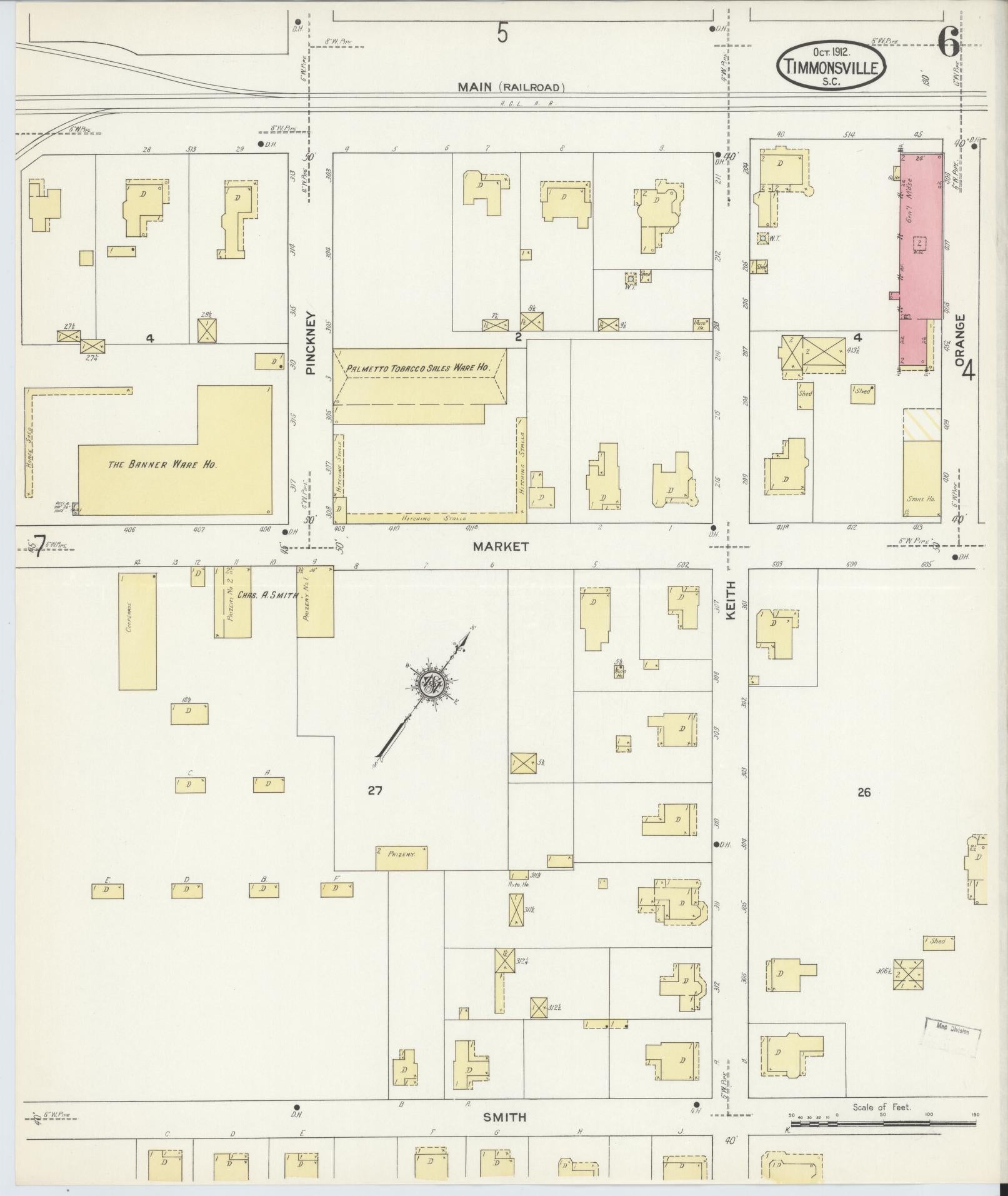 Sanborn Fire Insurance Map from Timmonsville, Florence County, South Carolina (1912), Sheet #0006 - Complete Map Set gallery image, historic Sanborn map, vintage wall art, South Carolina South Carolina