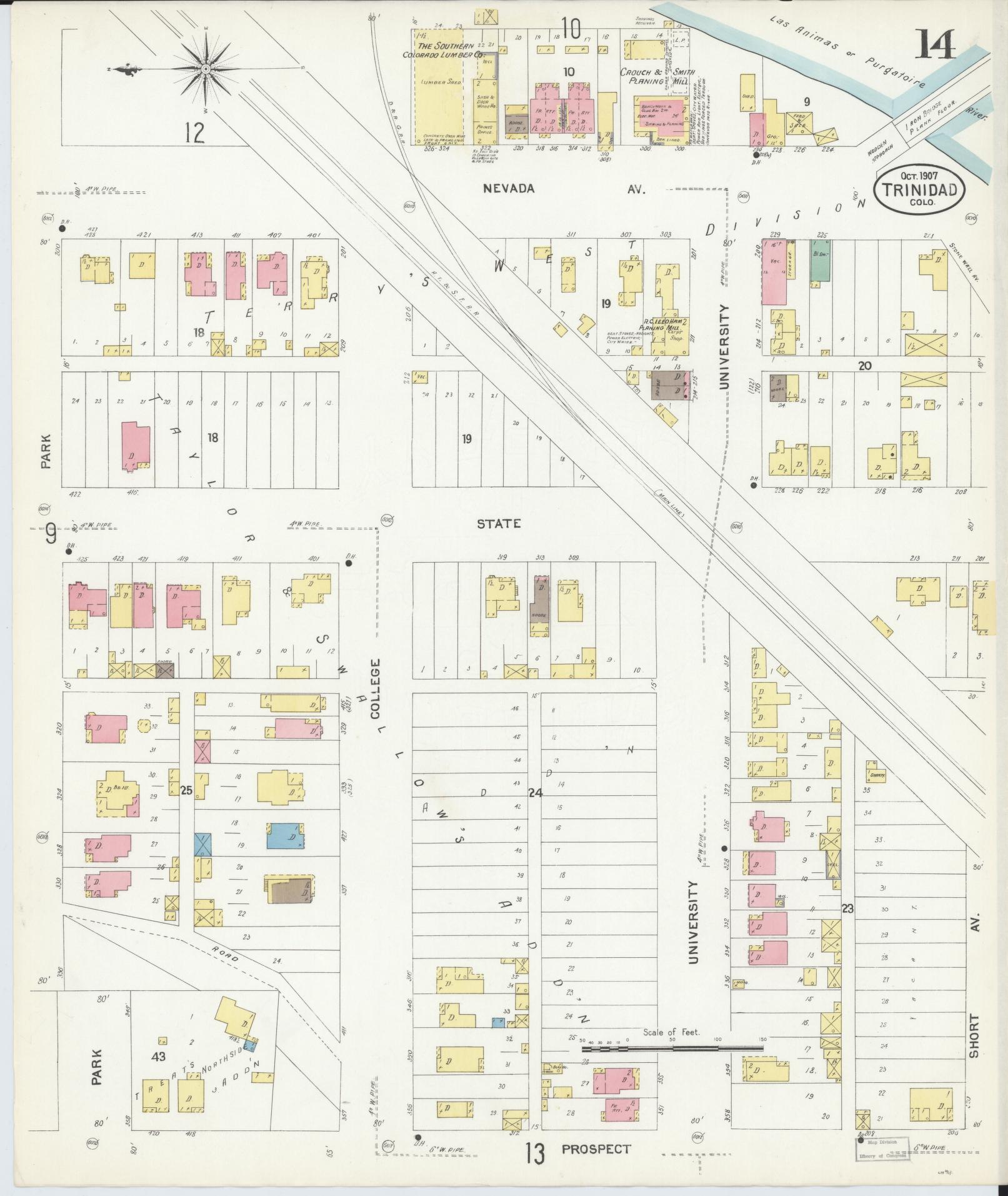 Sanborn Fire Insurance Map from Trinidad, Las Animas County, Colorado (1907), Sheet #0014 - Historic Sanborn Fire Insurance Map Print, vintage old map wall art, antique decor, genealogy gift, Colorado Colorado map
