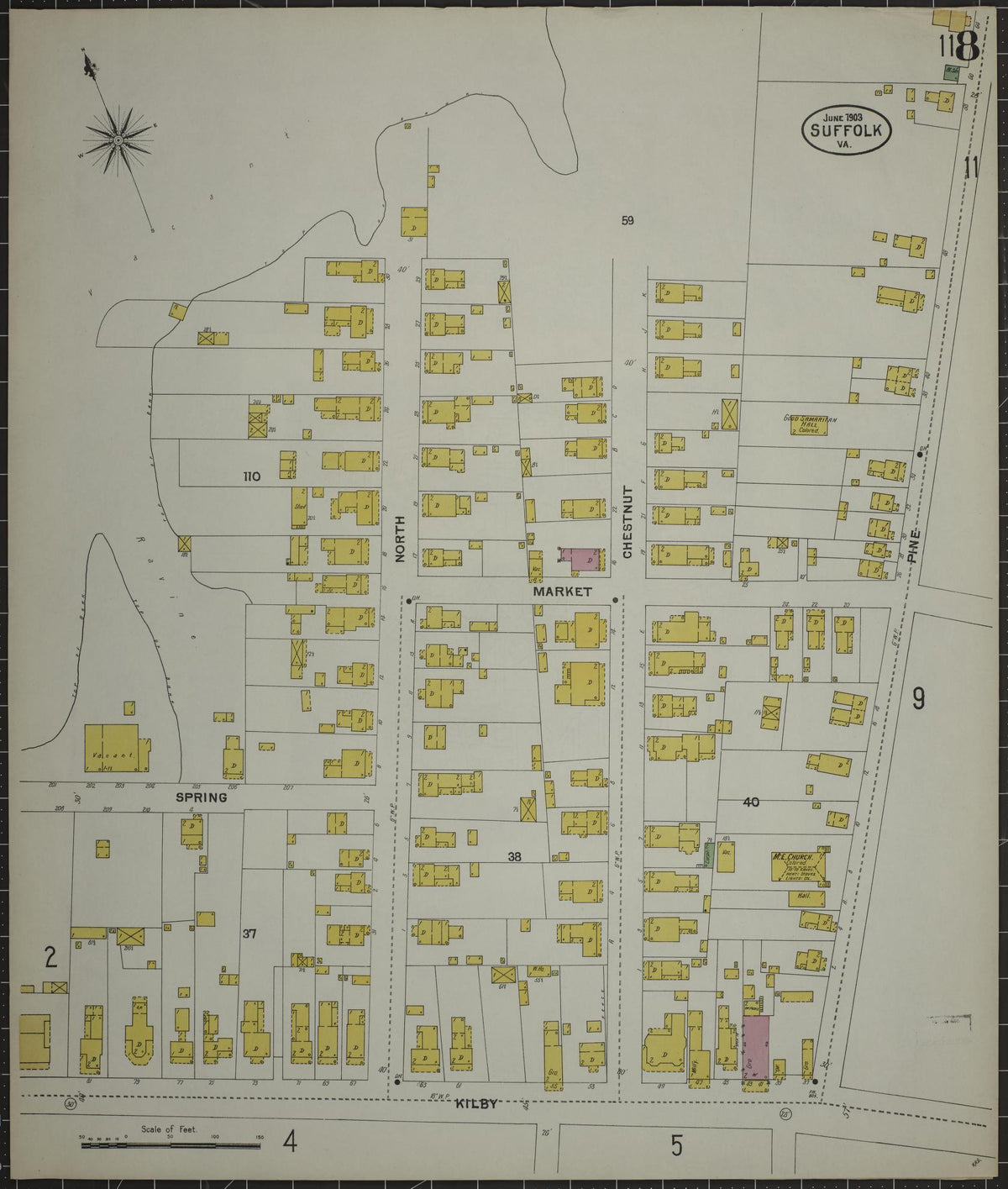 Sanborn Fire Insurance Map from Suffolk, Independent Cities, Virginia (1903), Sheet #0008 - Historic Sanborn Fire Insurance Map Print, vintage old map wall art, antique decor, genealogy gift, Virginia Virginia map