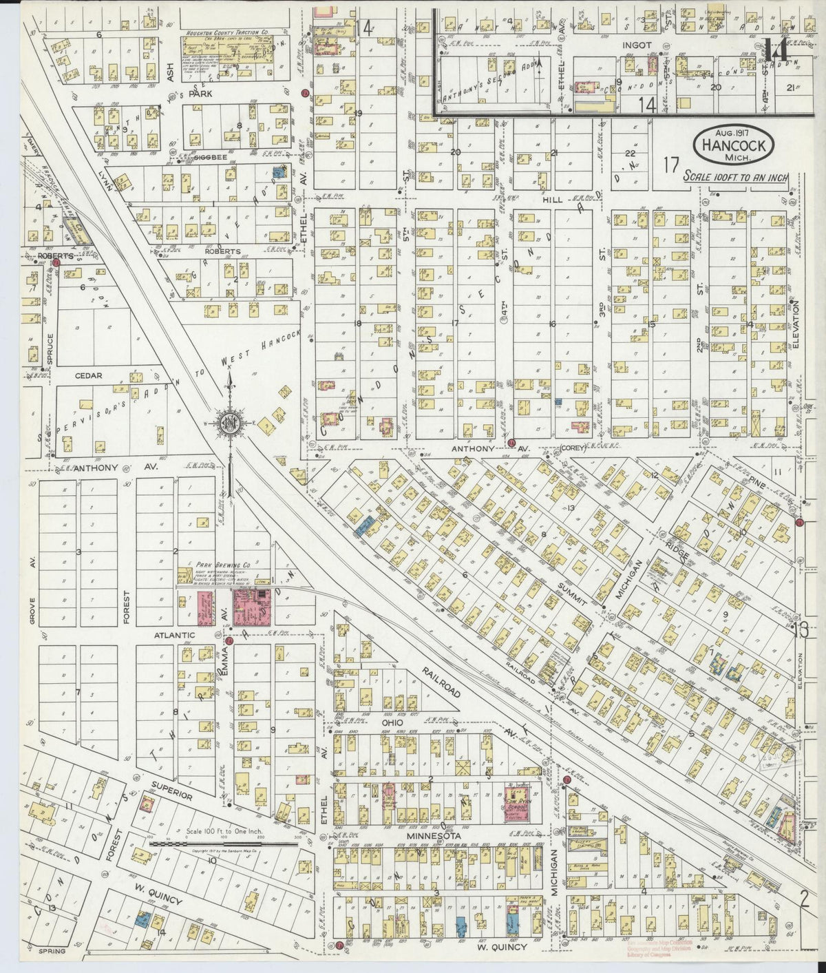 Sanborn Fire Insurance Map from Hancock, Houghton County, Michigan (1917), Sheet #0014 - Historic Sanborn Fire Insurance Map Print, vintage old map wall art, antique decor, genealogy gift, Michigan Michigan map