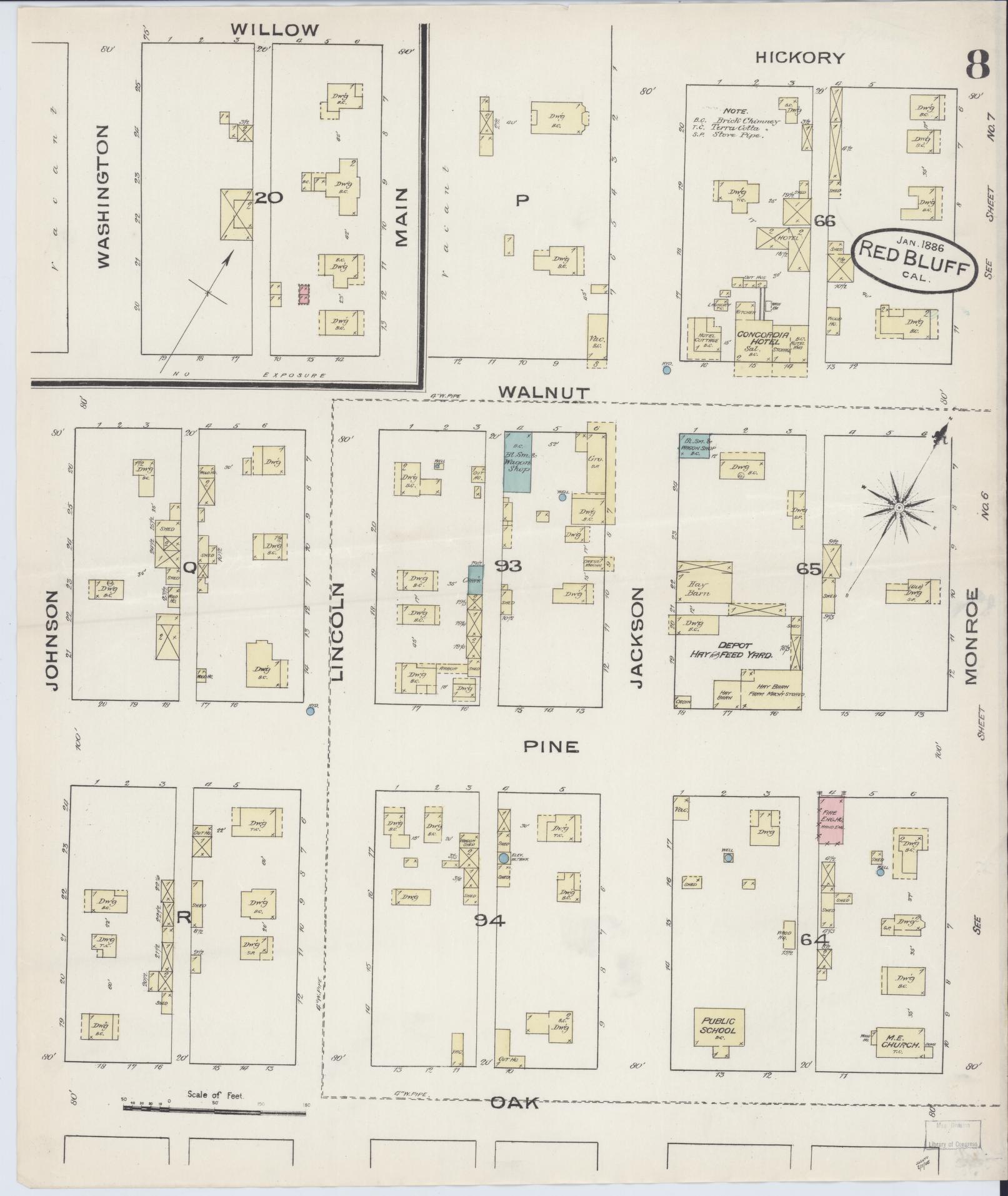 Sanborn Fire Insurance Map from Red Bluff, Tehama County, California (1886), Sheet #0008 - Complete Map Set gallery image, historic Sanborn map, vintage wall art, California California