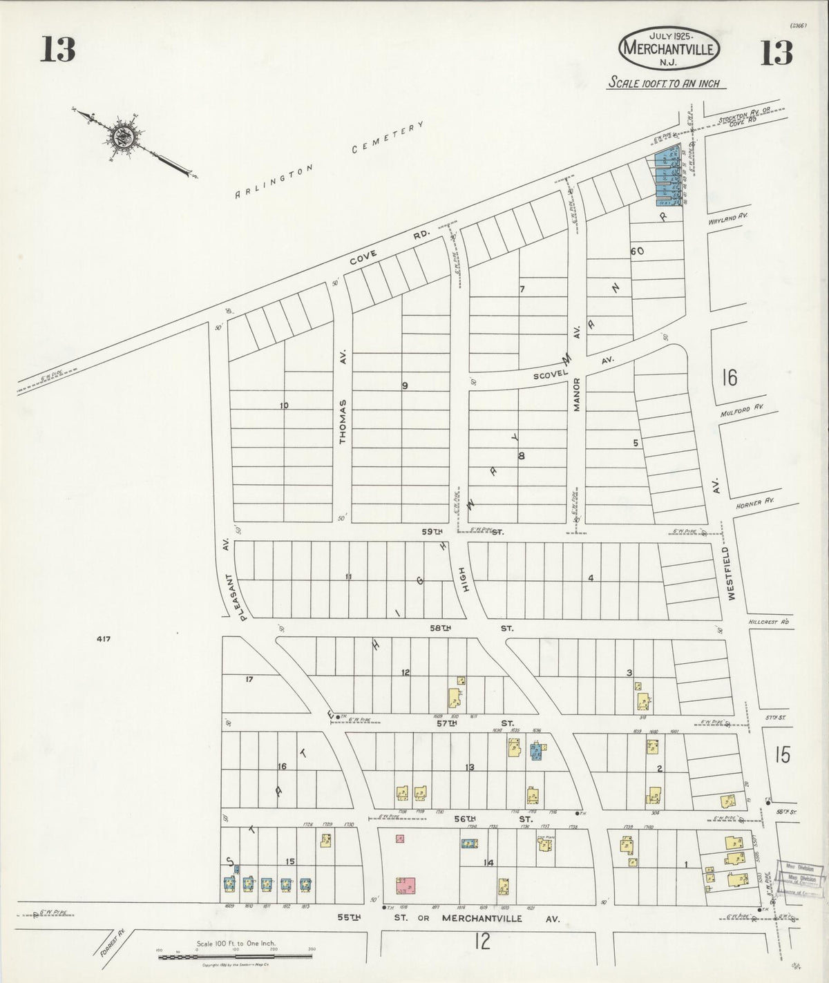 Sanborn Fire Insurance Map from Merchantville, Camden County, New Jersey (1925), Sheet #0013 - Historic Sanborn Fire Insurance Map Print, vintage old map wall art, antique decor, genealogy gift, New Jersey New Jersey map