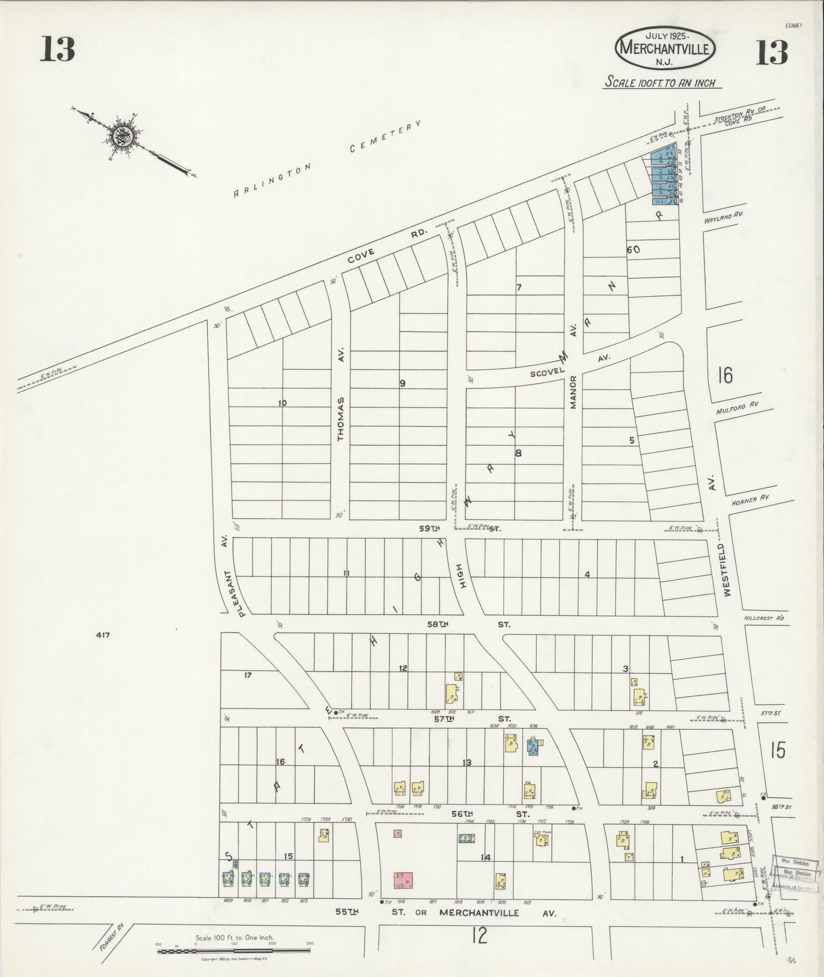 Sanborn Fire Insurance Map from Merchantville, Camden County, New Jersey (1925), Sheet #0013 - Historic Sanborn Fire Insurance Map Print, vintage old map wall art, antique decor, genealogy gift, New Jersey New Jersey map