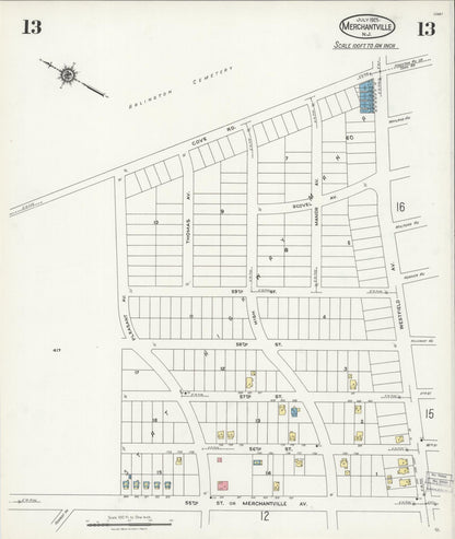Sanborn Fire Insurance Map from Merchantville, Camden County, New Jersey (1925), Sheet #0013 - Historic Sanborn Fire Insurance Map Print, vintage old map wall art, antique decor, genealogy gift, New Jersey New Jersey map