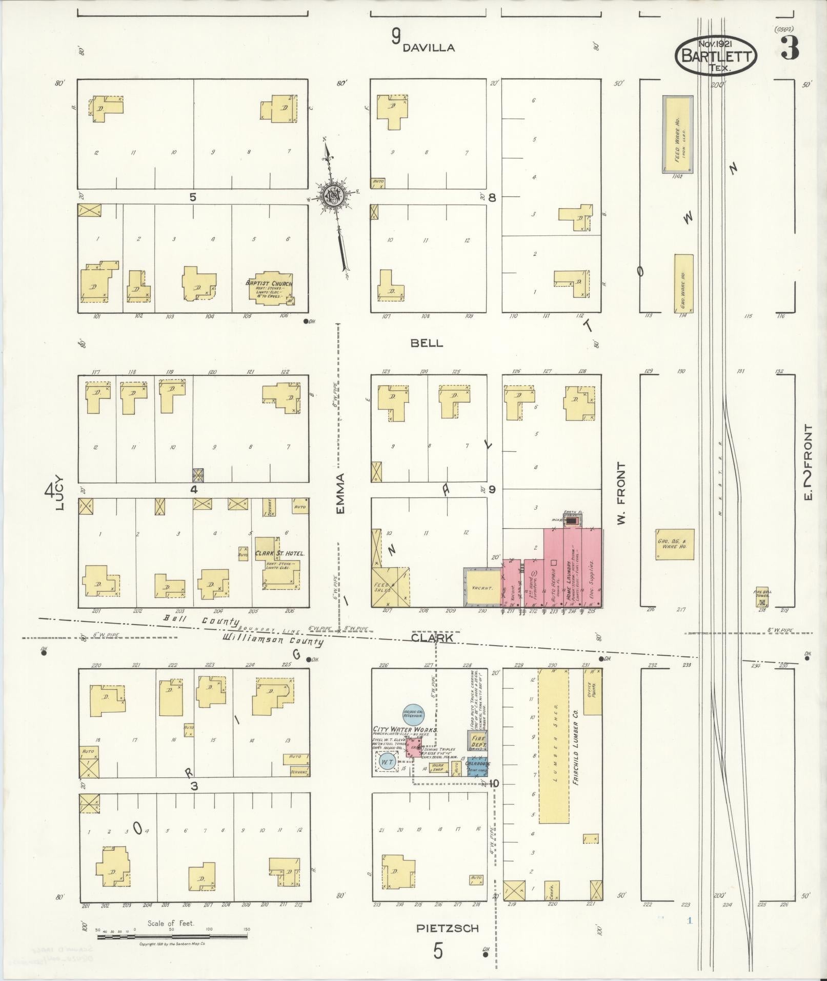 Sanborn Fire Insurance Map from Bartlett, Bell and Williamson Counties, Texas (1921), Sheet #0003 - Complete Map Set gallery image, historic Sanborn map, vintage wall art, Texas Texas