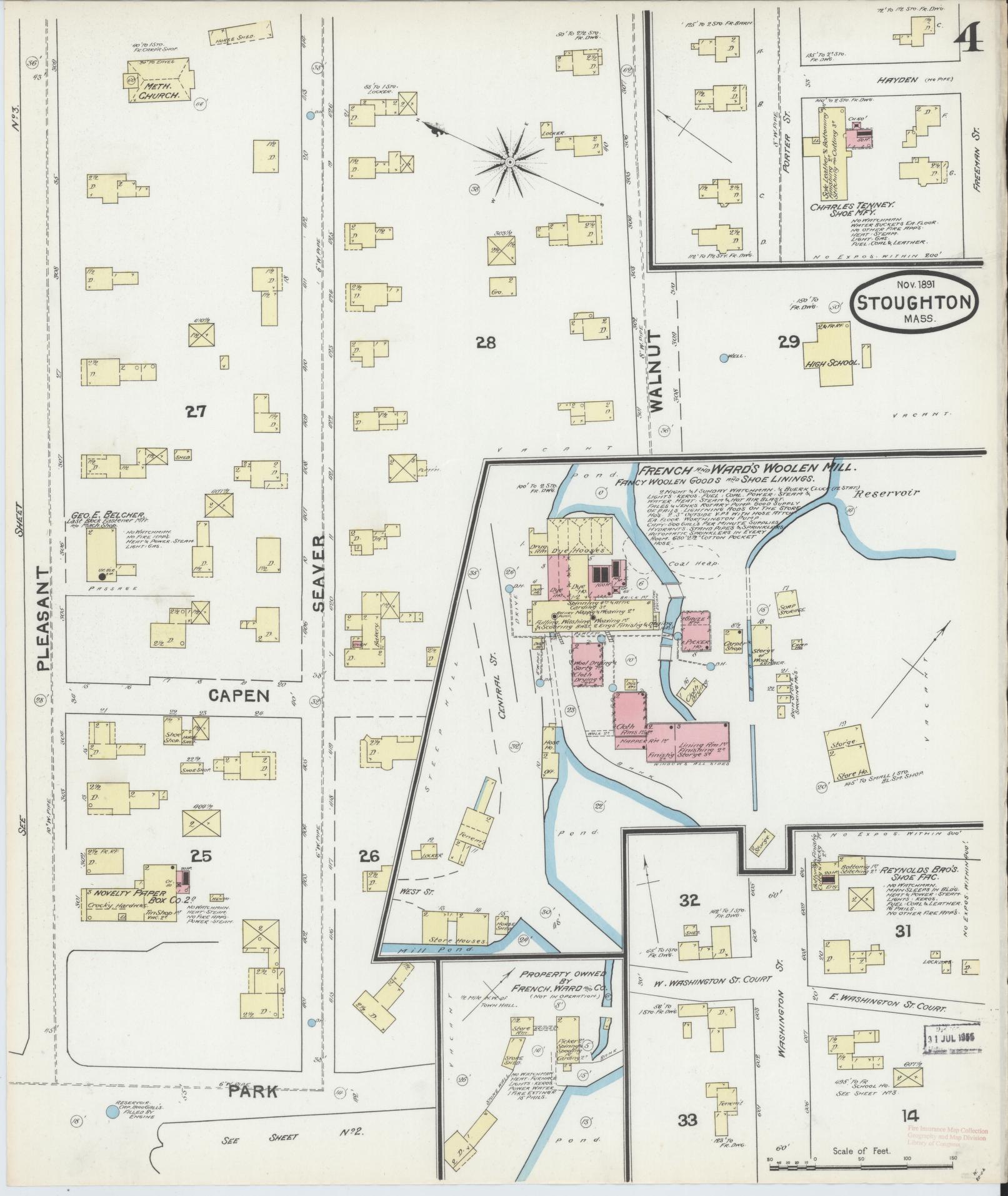 Sanborn Fire Insurance Map from Stoughton, Norfolk County, Massachusetts (1891), Sheet #0004 - Complete Map Set gallery image, historic Sanborn map, vintage wall art, Massachusetts Massachusetts