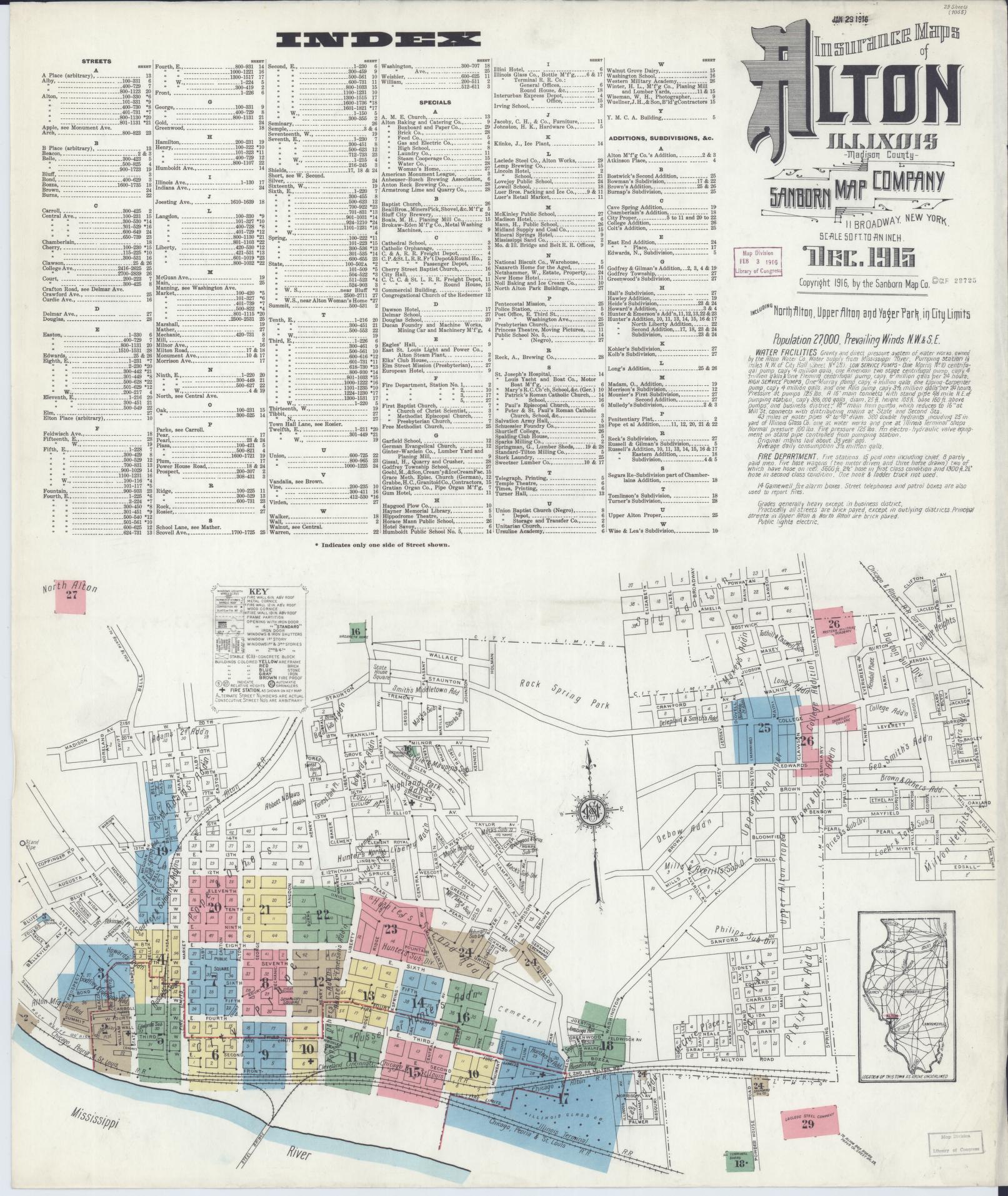 Sanborn Fire Insurance Map from Alton, Madison County, Illinois (1915), Sheet #0001 - Complete Map Set gallery image, historic Sanborn map, vintage wall art, Illinois Illinois