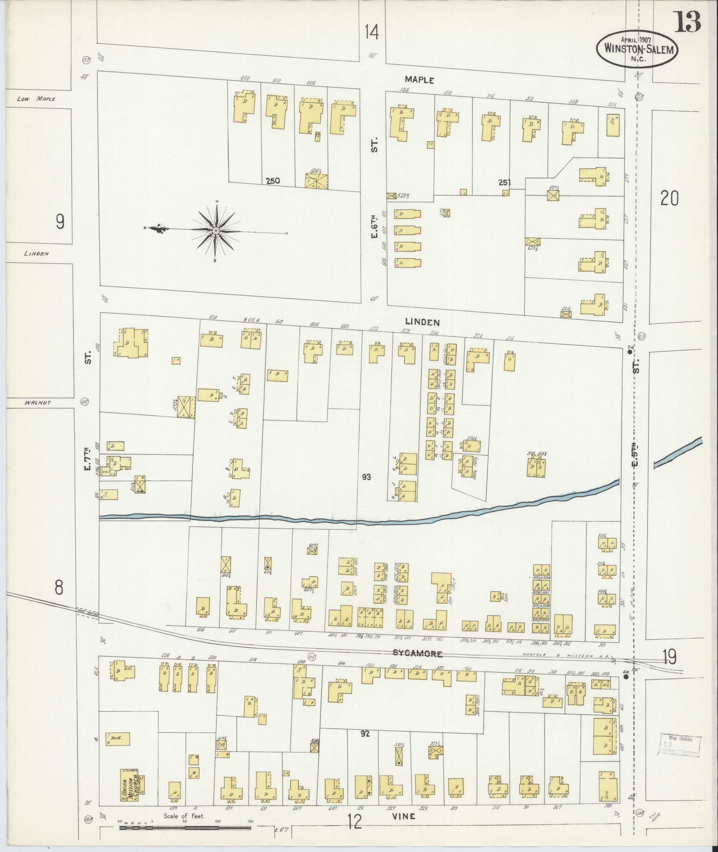 Sanborn Fire Insurance Map from Winston-Salem, Forsyth County, North Carolina (1907), Sheet #0013 - Complete Map Set gallery image, historic Sanborn map, vintage wall art, North Carolina North Carolina