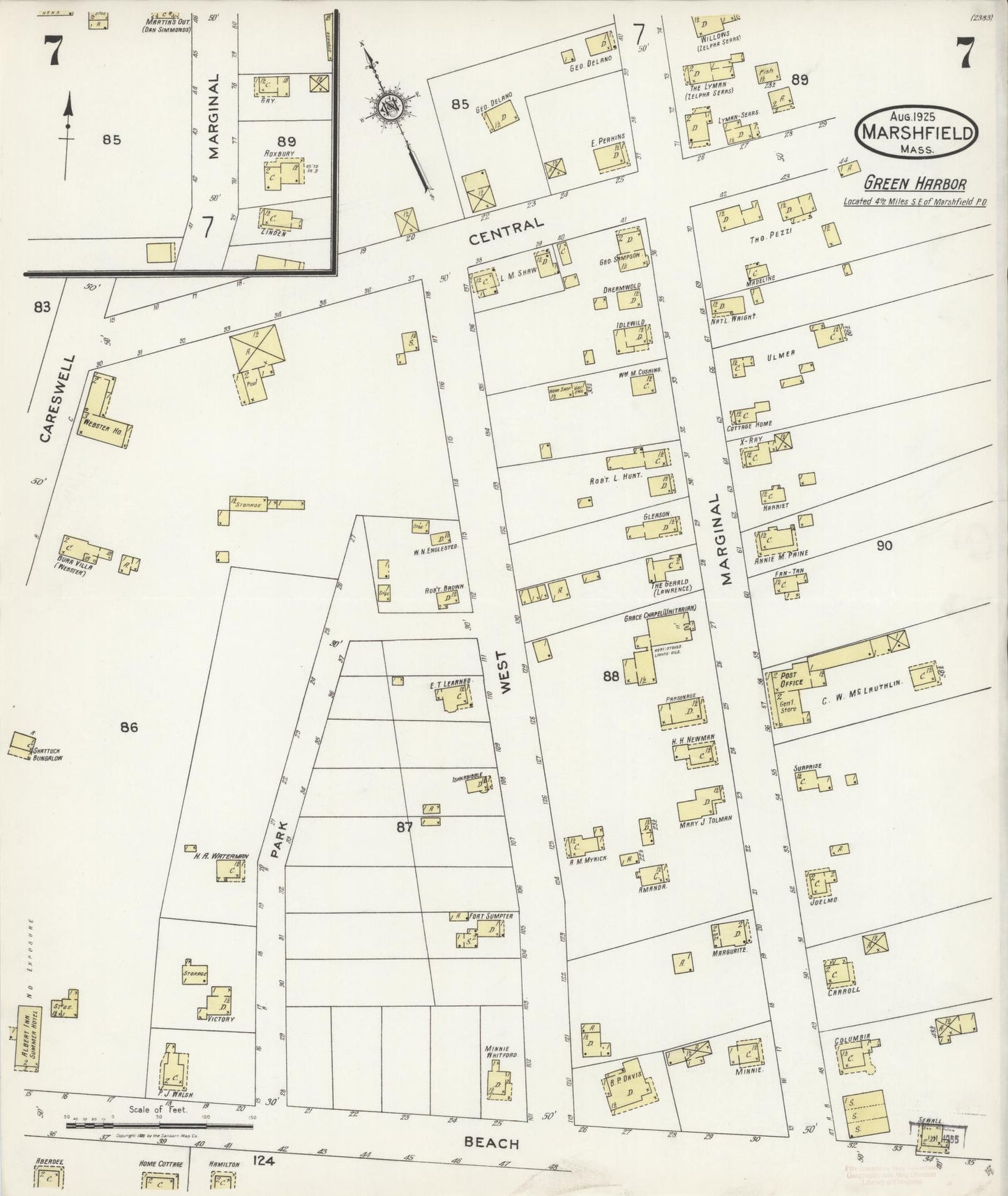 Sanborn Fire Insurance Map from Marshfield, Plymouth County, Massachusetts (1925), Sheet #0007 - Complete Map Set gallery image, historic Sanborn map, vintage wall art, Massachusetts Massachusetts