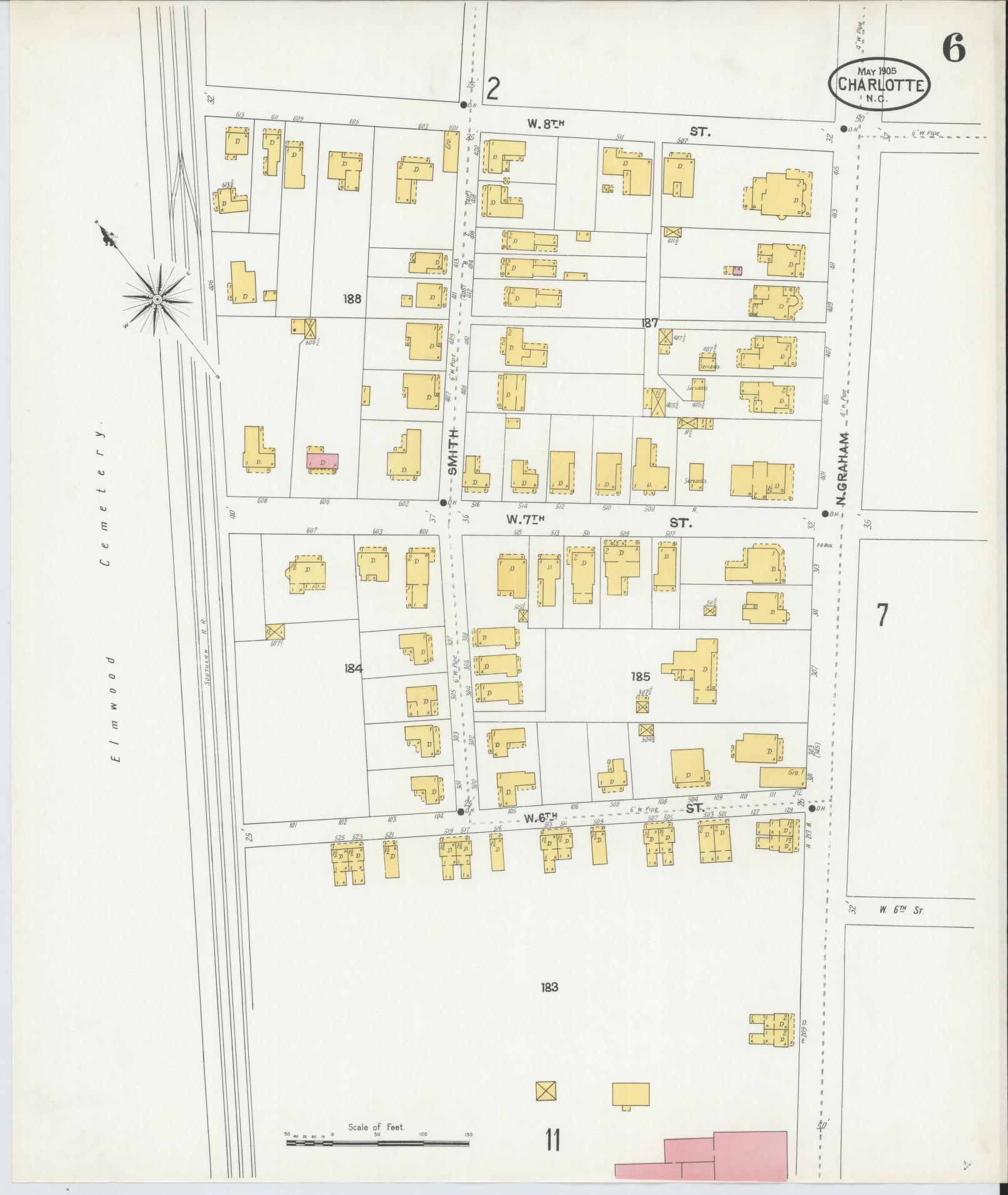 Sanborn Fire Insurance Map from Charlotte, Mecklenburg County, North Carolina (1905), Sheet #0006 - Historic Sanborn Fire Insurance Map Print, vintage old map wall art, antique decor, genealogy gift, North Carolina North Carolina map