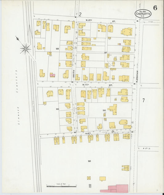 Sanborn Fire Insurance Map from Charlotte, Mecklenburg County, North Carolina (1905), Sheet #0006 - Historic Sanborn Fire Insurance Map Print, vintage old map wall art, antique decor, genealogy gift, North Carolina North Carolina map