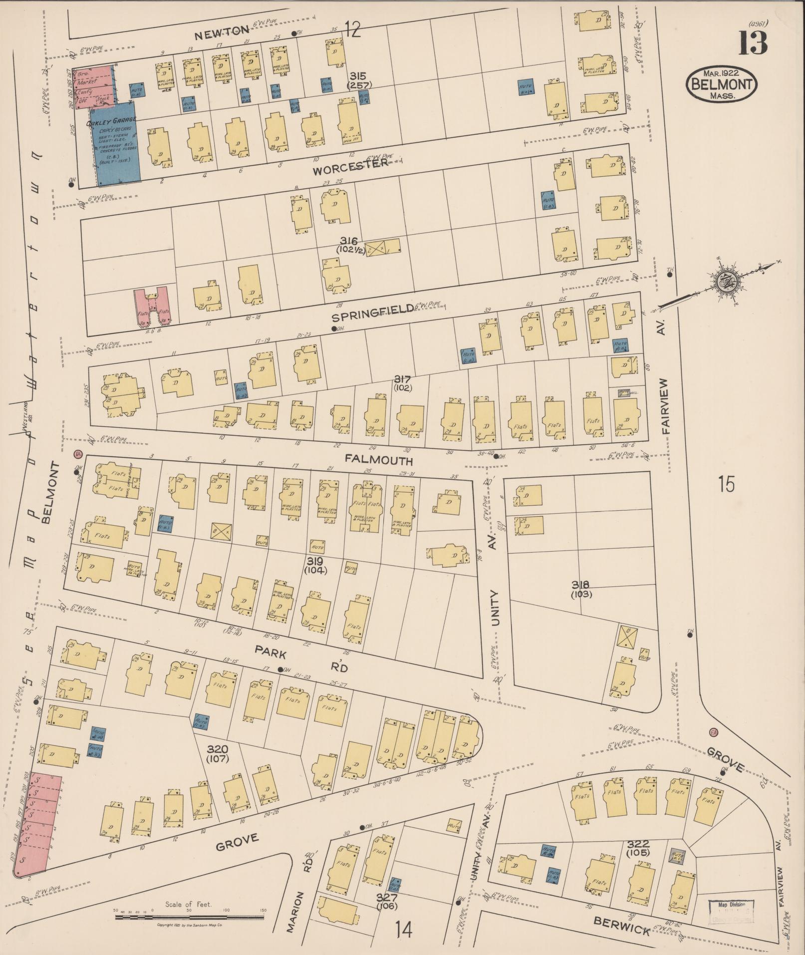 Sanborn Fire Insurance Map from Belmont, Middlesex County, Massachusetts (1922), Sheet #0013 - Historic Sanborn Fire Insurance Map Print, vintage old map wall art, antique decor, genealogy gift, Massachusetts Massachusetts map