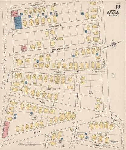 Sanborn Fire Insurance Map from Belmont, Middlesex County, Massachusetts (1922), Sheet #0013 - Historic Sanborn Fire Insurance Map Print, vintage old map wall art, antique decor, genealogy gift, Massachusetts Massachusetts map