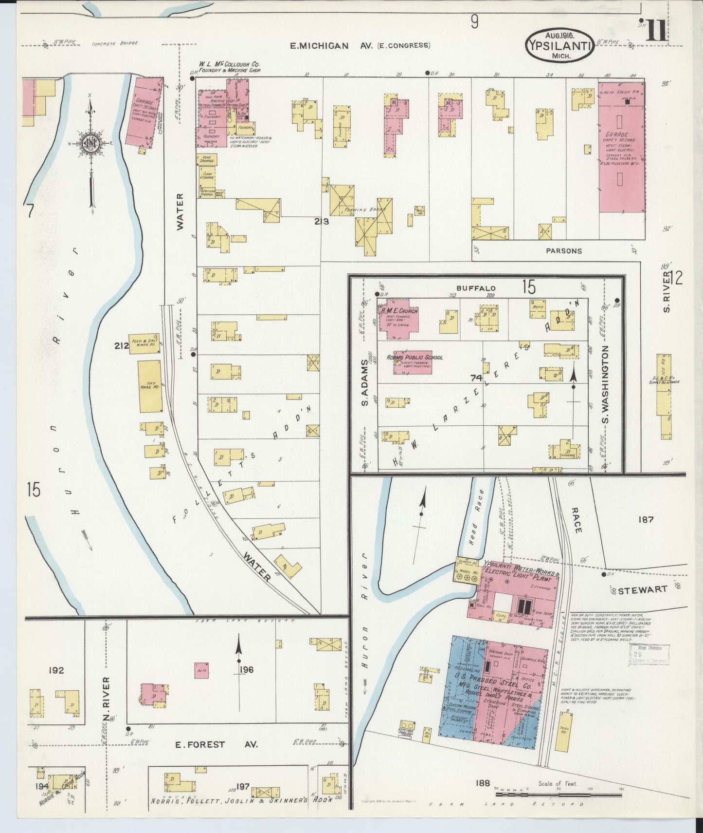 Sanborn Fire Insurance Map from Ypsilanti, Washtenaw County, Michigan (1916), Sheet #0011 - Complete Map Set gallery image, historic Sanborn map, vintage wall art, Michigan Michigan