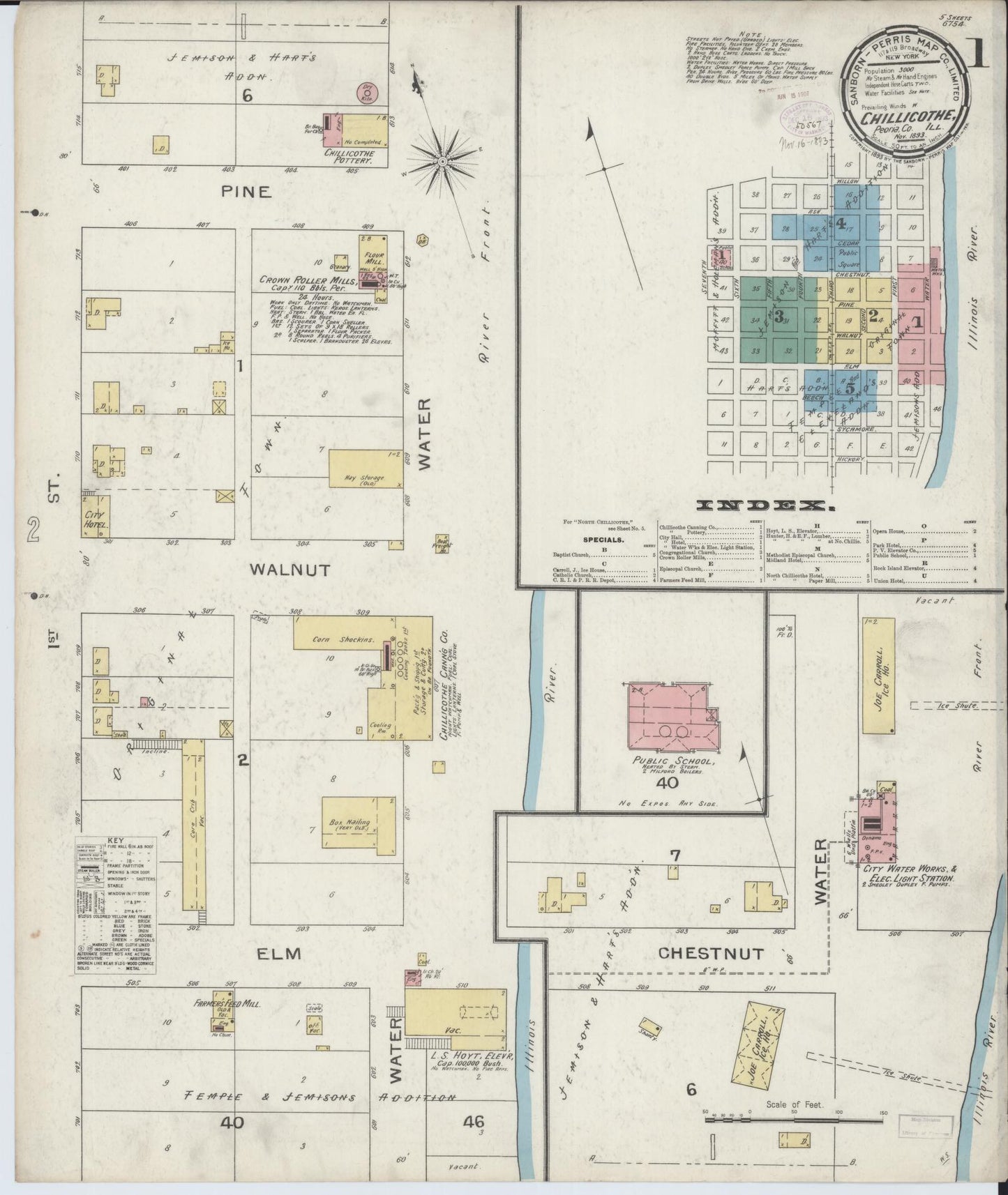 Sanborn Fire Insurance Map from Chillicothe, Peoria County, Illinois (1893), Sheet #0001 - Historic Sanborn Fire Insurance Map Print, vintage old map wall art, antique decor, genealogy gift, Illinois Illinois map