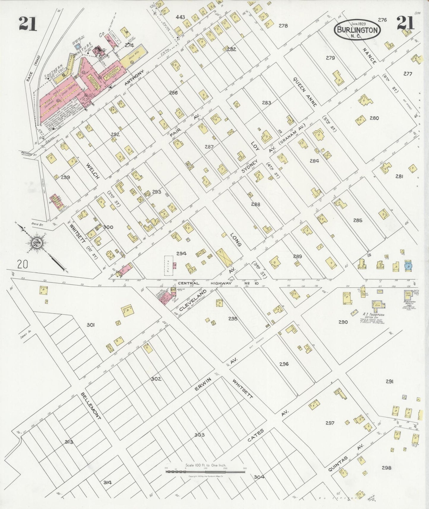 Sanborn Fire Insurance Map from Burlington, Alamance County, North Carolina (1929), Sheet #0021 - Complete Map Set gallery image, historic Sanborn map, vintage wall art, North Carolina North Carolina