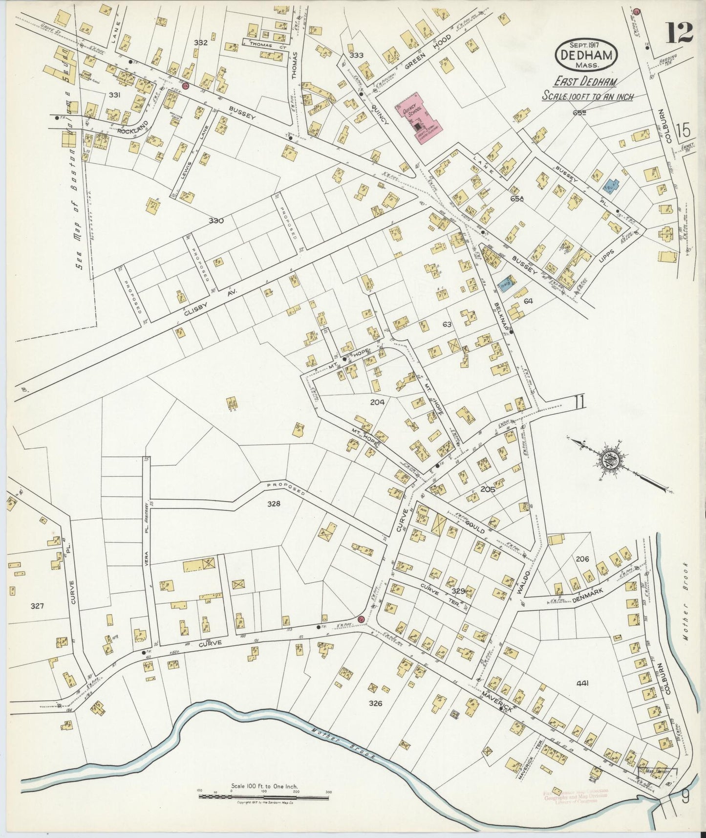 Sanborn Fire Insurance Map from Dedham, Norfolk County, Massachusetts (1917), Sheet #0012 - Complete Map Set gallery image, historic Sanborn map, vintage wall art, Massachusetts Massachusetts
