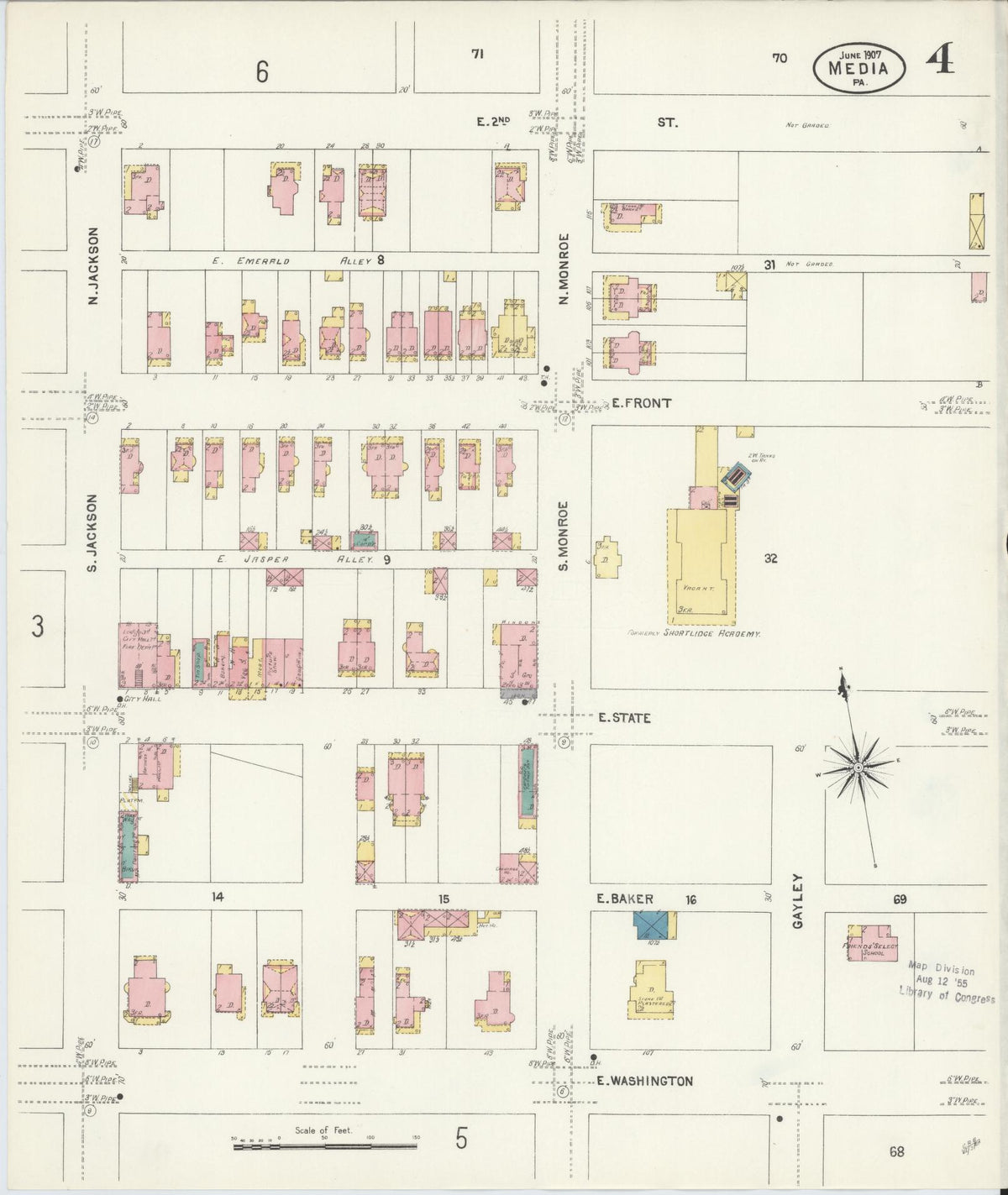 Sanborn Fire Insurance Map from Media, Delaware County, Pennsylvania (1907), Sheet #0004 - Historic Sanborn Fire Insurance Map Print, vintage old map wall art, antique decor, genealogy gift, Media Delaware map