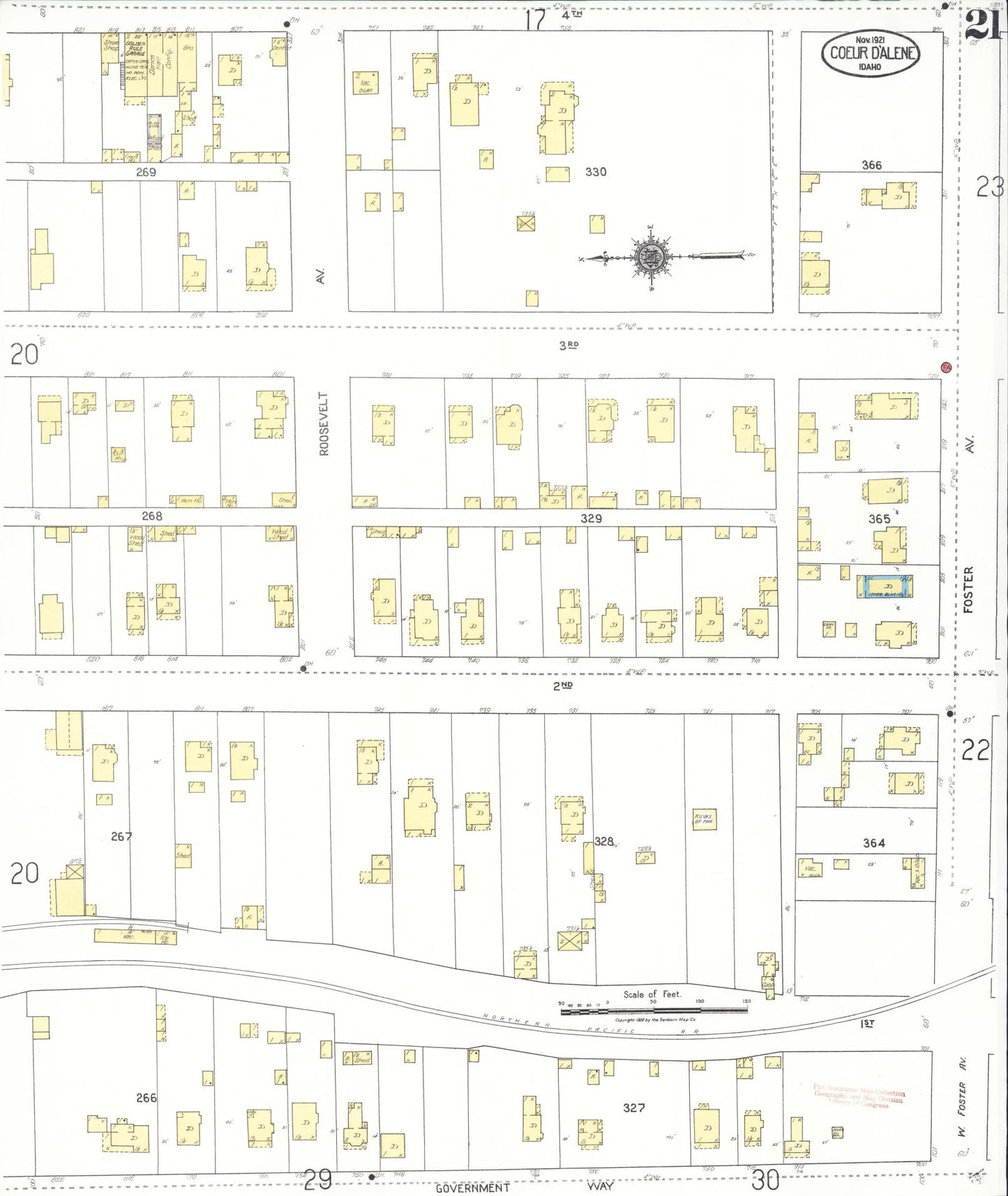 Sanborn Fire Insurance Map from Coeur D'alene, Kootenai County, Idaho (1921), Sheet #0021 - Complete Map Set gallery image, historic Sanborn map, vintage wall art, Idaho Idaho