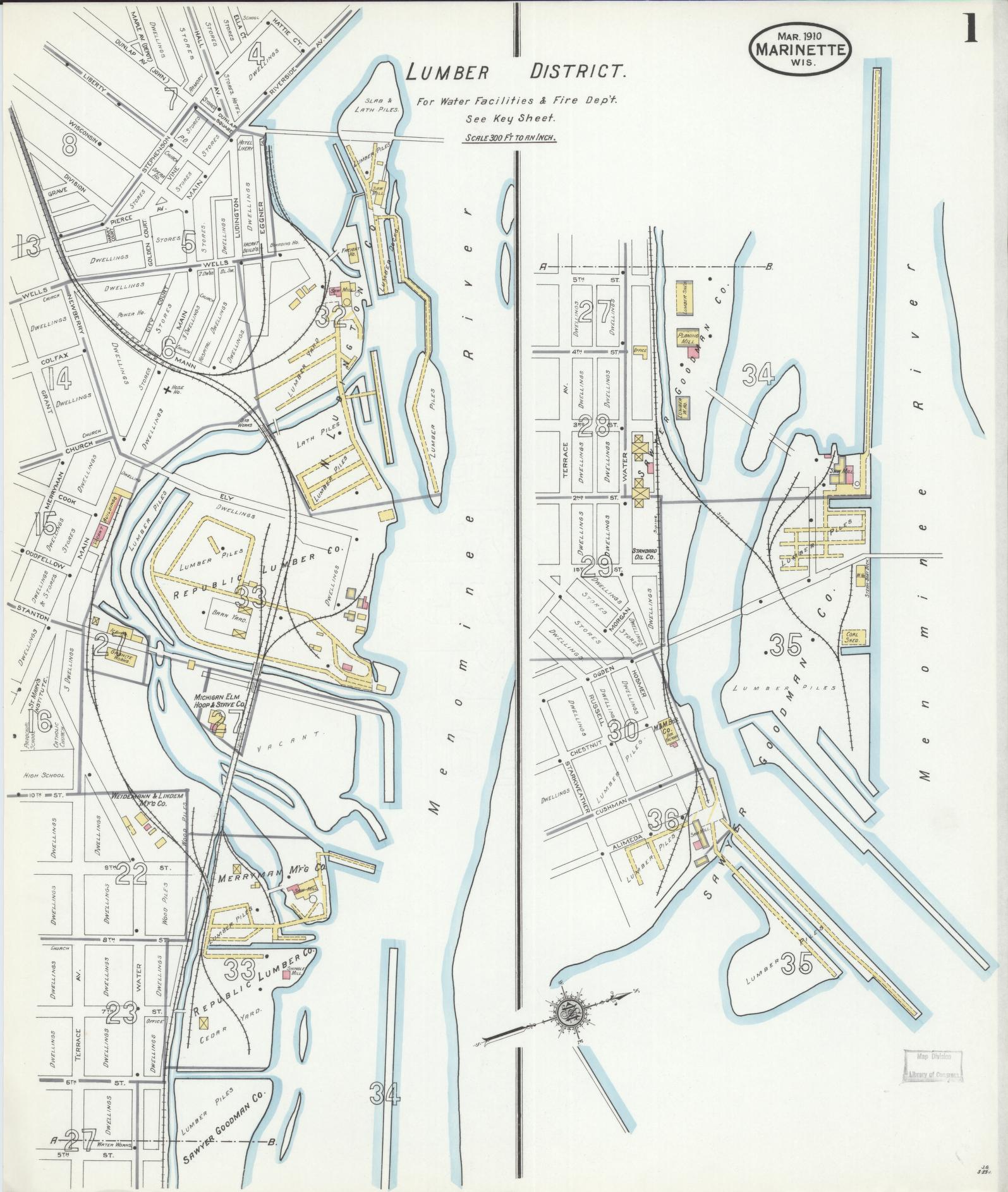 Sanborn Fire Insurance Map from Marinette, Marinette County, Wisconsin (1910), Sheet #0001 - Historic Sanborn Fire Insurance Map Print, vintage old map wall art, antique decor, genealogy gift, Wisconsin Wisconsin map