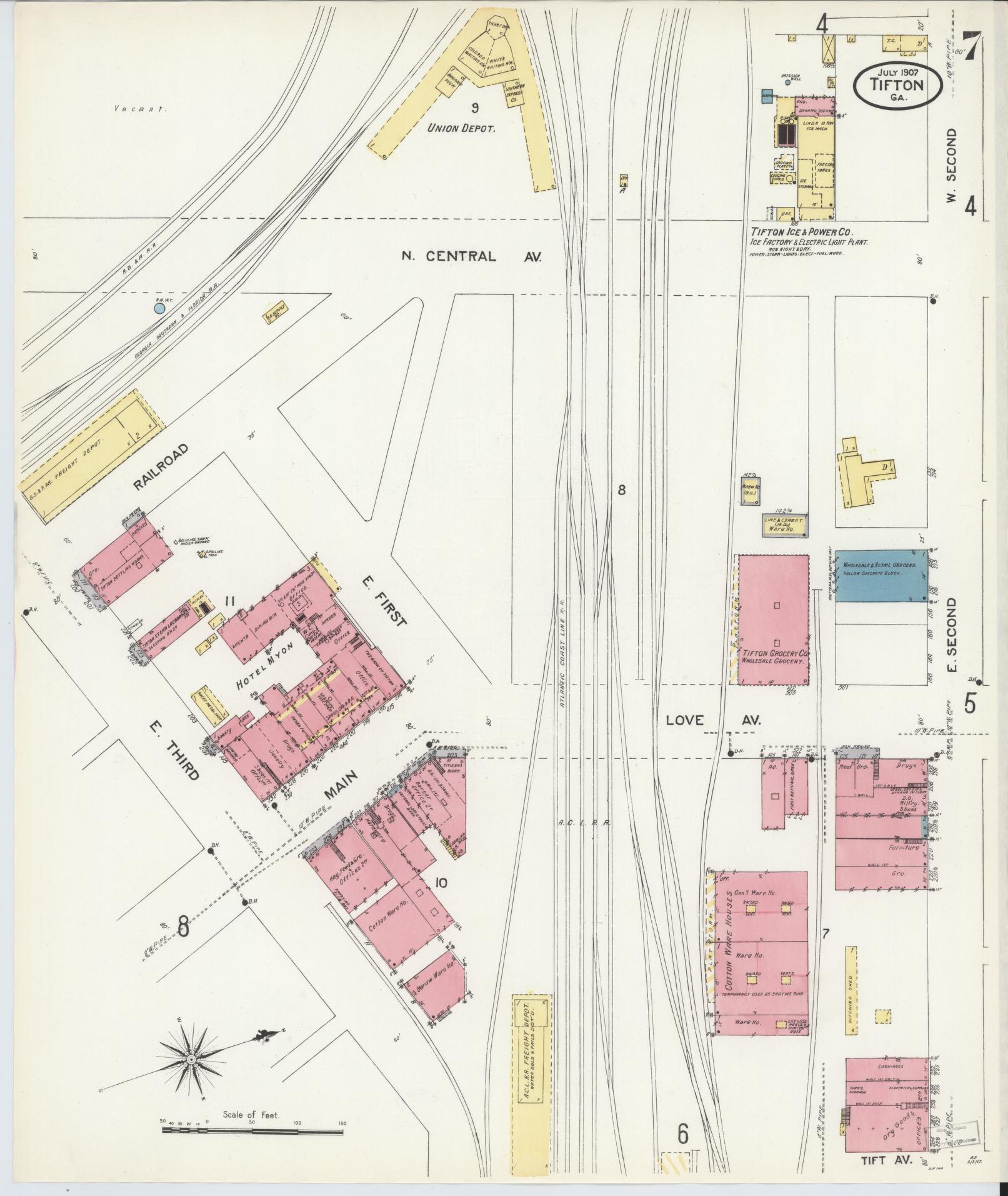 Sanborn Fire Insurance Map from Tifton, Tift County, Georgia (1907), Sheet #0007 - Historic Sanborn Fire Insurance Map Print, vintage old map wall art, antique decor, genealogy gift, Georgia Georgia map
