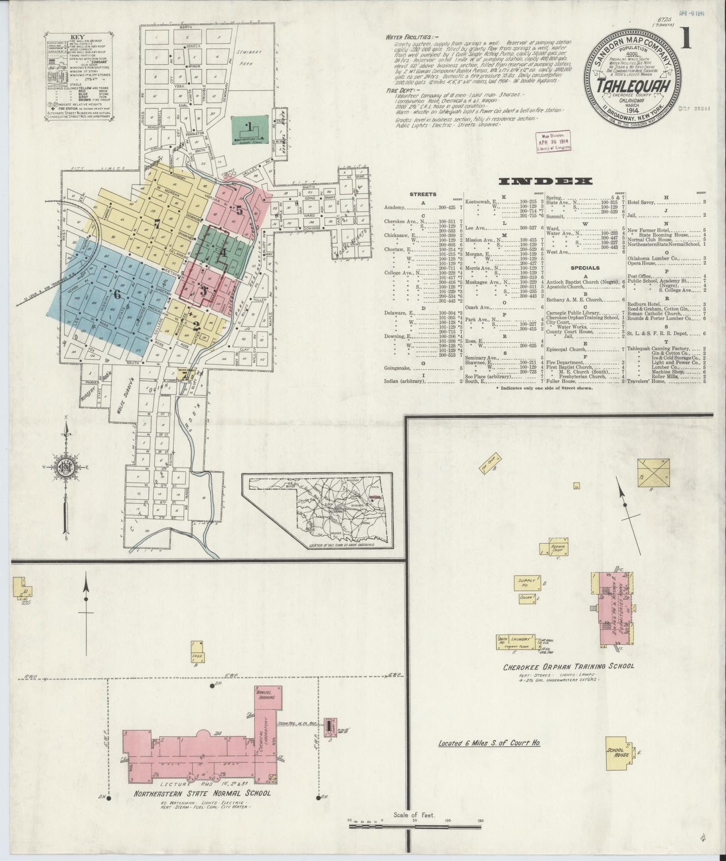 Sanborn Fire Insurance Map from Tahlequah, Cherokee County, Oklahoma (1914), Sheet #0001 - Complete Map Set gallery image, historic Sanborn map, vintage wall art, Oklahoma Oklahoma