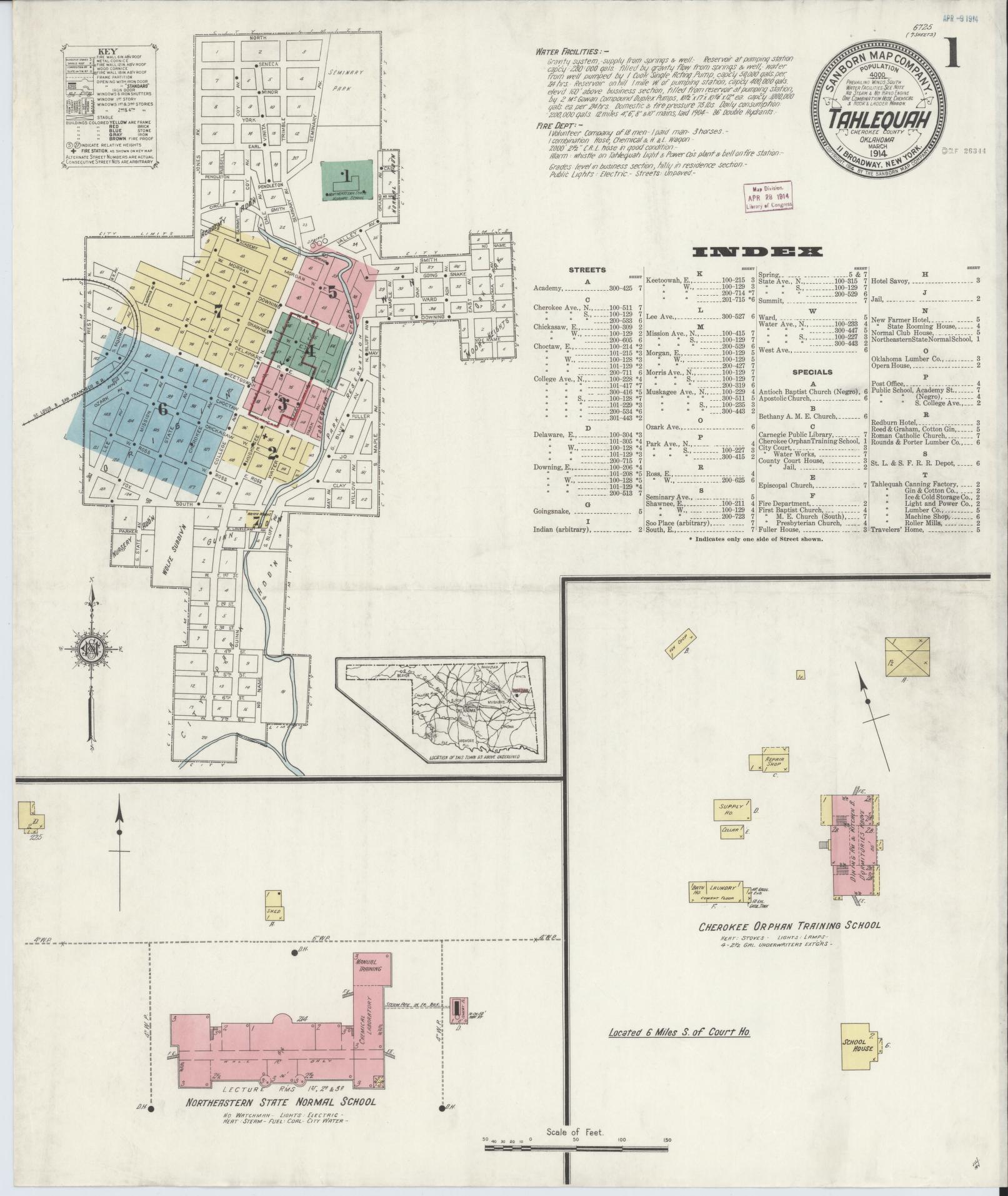 Sanborn Fire Insurance Map from Tahlequah, Cherokee County, Oklahoma (1914), Sheet #0001 - Complete Map Set gallery image, historic Sanborn map, vintage wall art, Oklahoma Oklahoma