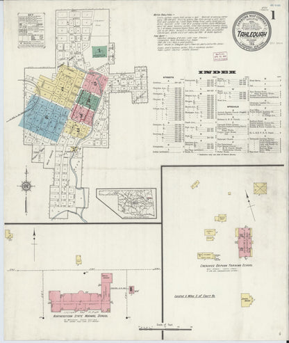 Sanborn Fire Insurance Map from Tahlequah, Cherokee County, Oklahoma (1914), Sheet #0001 - Complete Map Set gallery image, historic Sanborn map, vintage wall art, Oklahoma Oklahoma