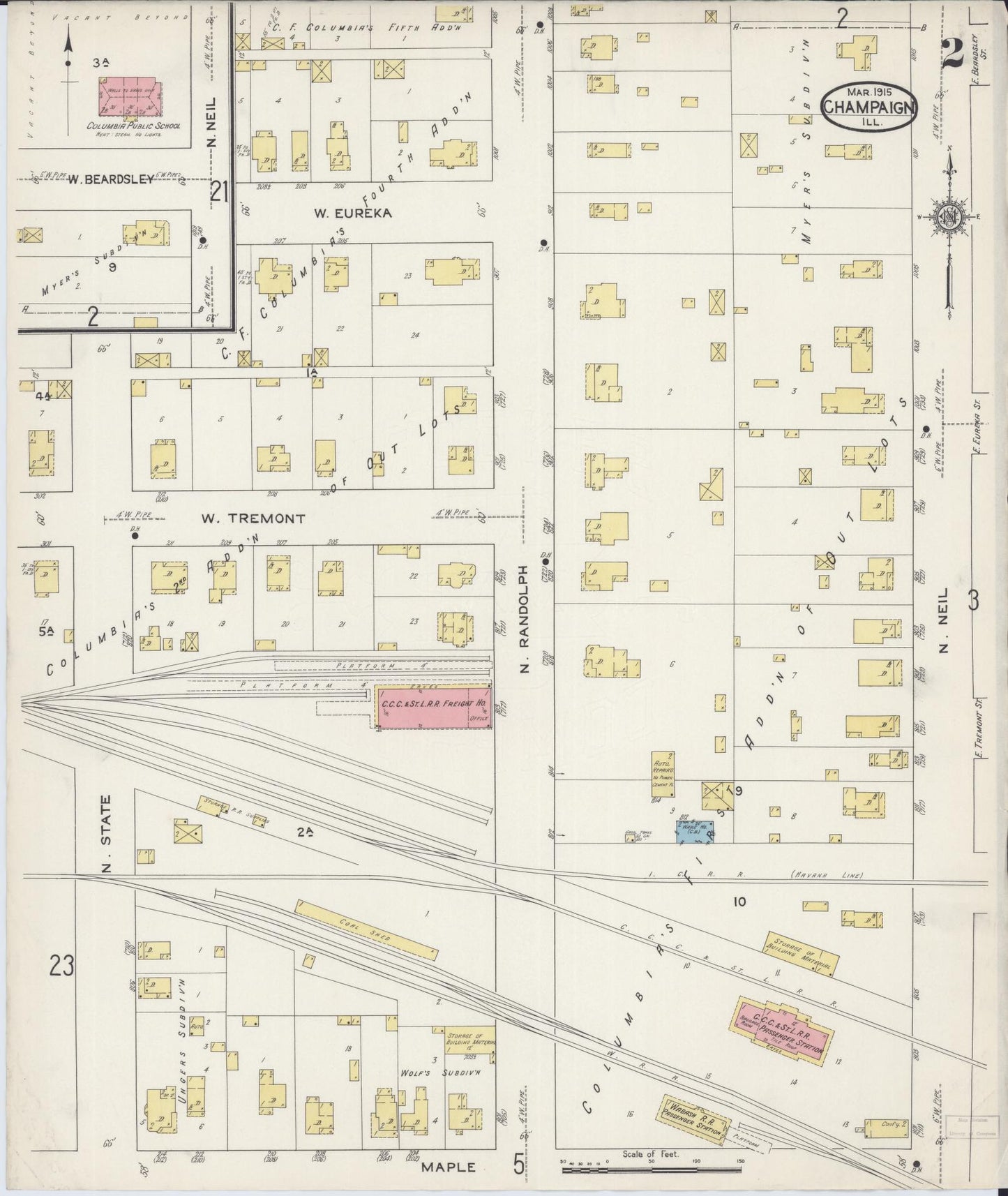 Sanborn Fire Insurance Map from Champaign, Champaign County, Illinois (1915), Sheet #0002 - Complete Map Set gallery image, historic Sanborn map, vintage wall art, Illinois Illinois