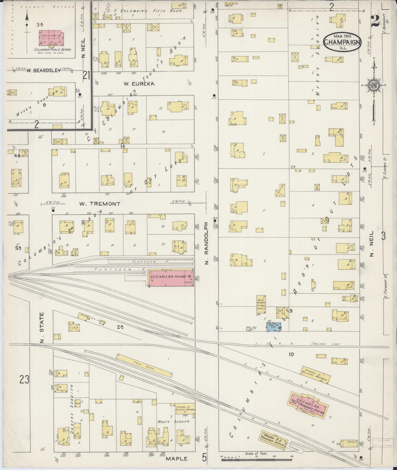 Sanborn Fire Insurance Map from Champaign, Champaign County, Illinois (1915), Sheet #0002 - Complete Map Set gallery image, historic Sanborn map, vintage wall art, Illinois Illinois