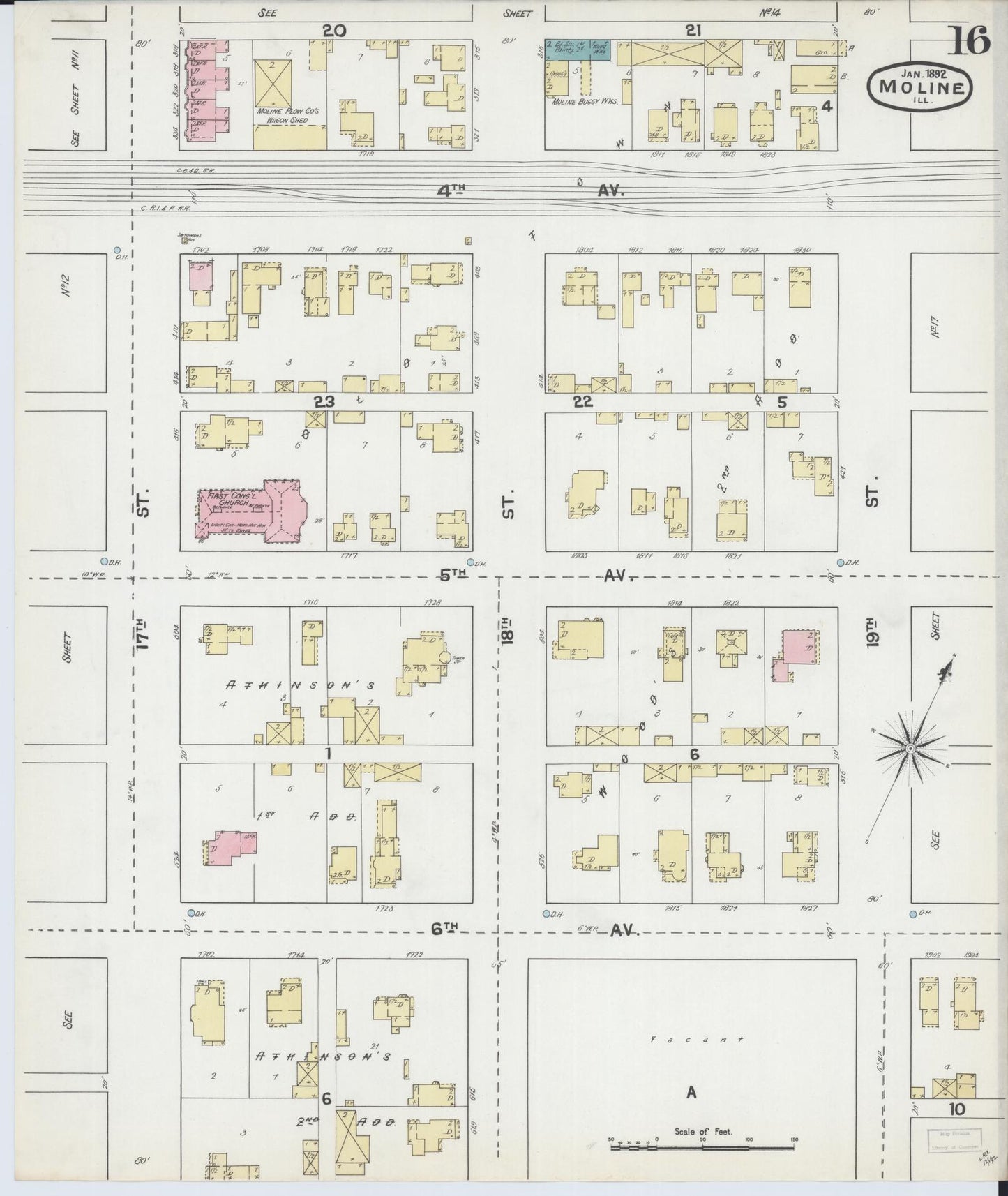 Sanborn Fire Insurance Map from Moline, Rock Island County, Illinois (1892), Sheet #0016 - Complete Map Set gallery image, historic Sanborn map, vintage wall art, Illinois Illinois