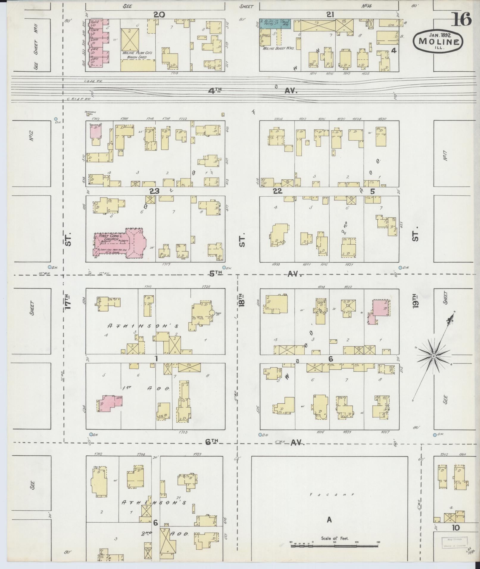 Sanborn Fire Insurance Map from Moline, Rock Island County, Illinois (1892), Sheet #0016 - Complete Map Set gallery image, historic Sanborn map, vintage wall art, Illinois Illinois