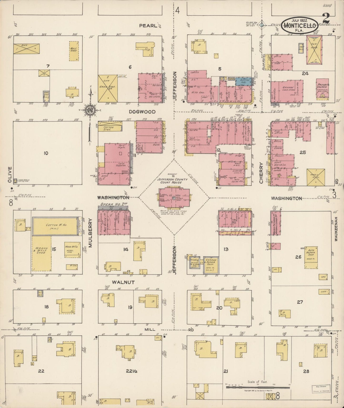 Sanborn Fire Insurance Map from Monticello, Jefferson County, Florida (1922), Sheet #0002 - Complete Map Set gallery image, historic Sanborn map, vintage wall art, Florida Florida