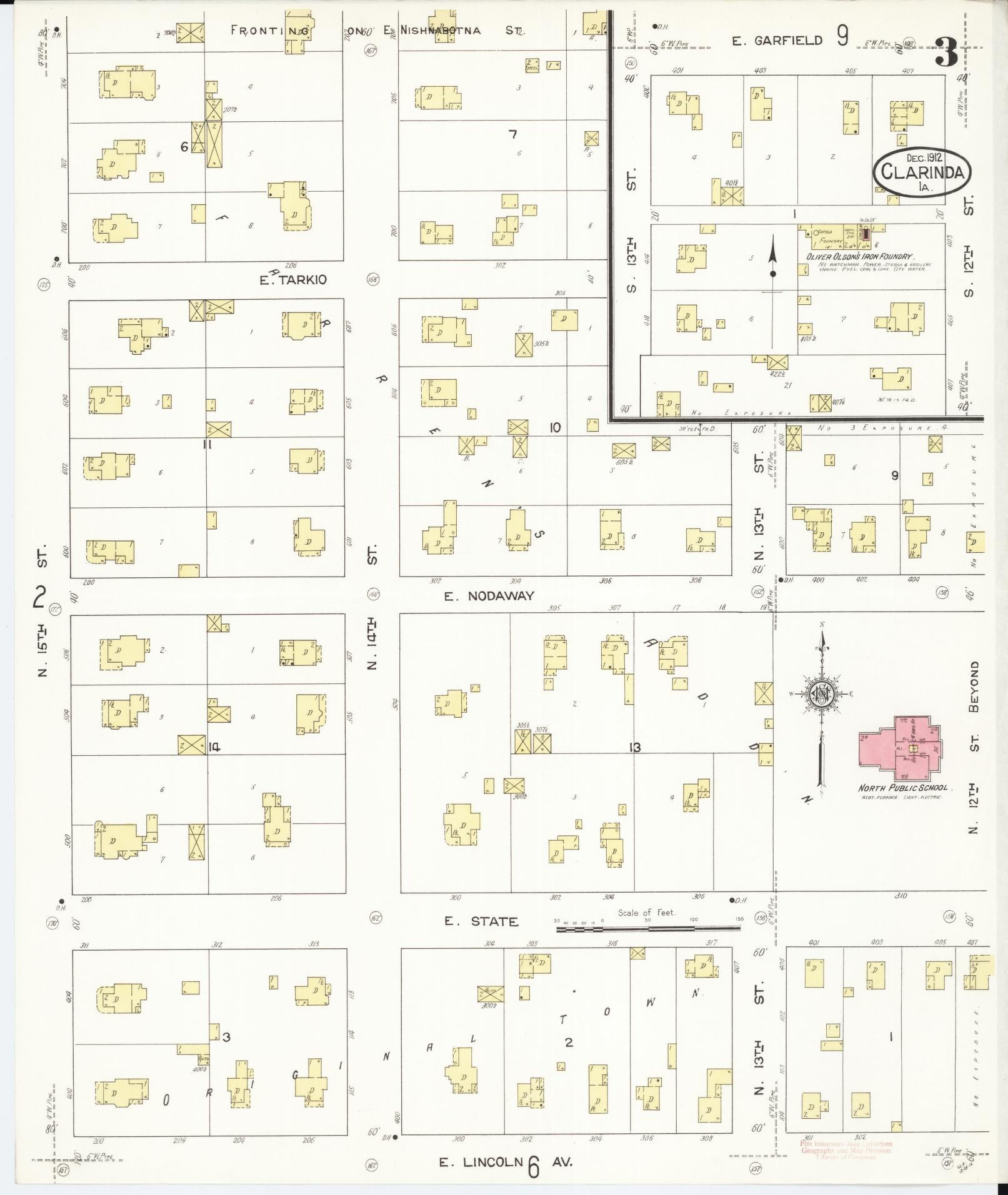 Sanborn Fire Insurance Map from Clarinda, Page County, Iowa (1912), Sheet #0003 - Historic Sanborn Fire Insurance Map Print, vintage old map wall art