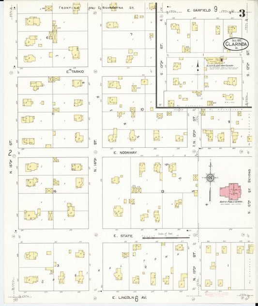 Sanborn Fire Insurance Map from Clarinda, Page County, Iowa (1912), Sheet #0003 - Historic Sanborn Fire Insurance Map Print, vintage old map wall art