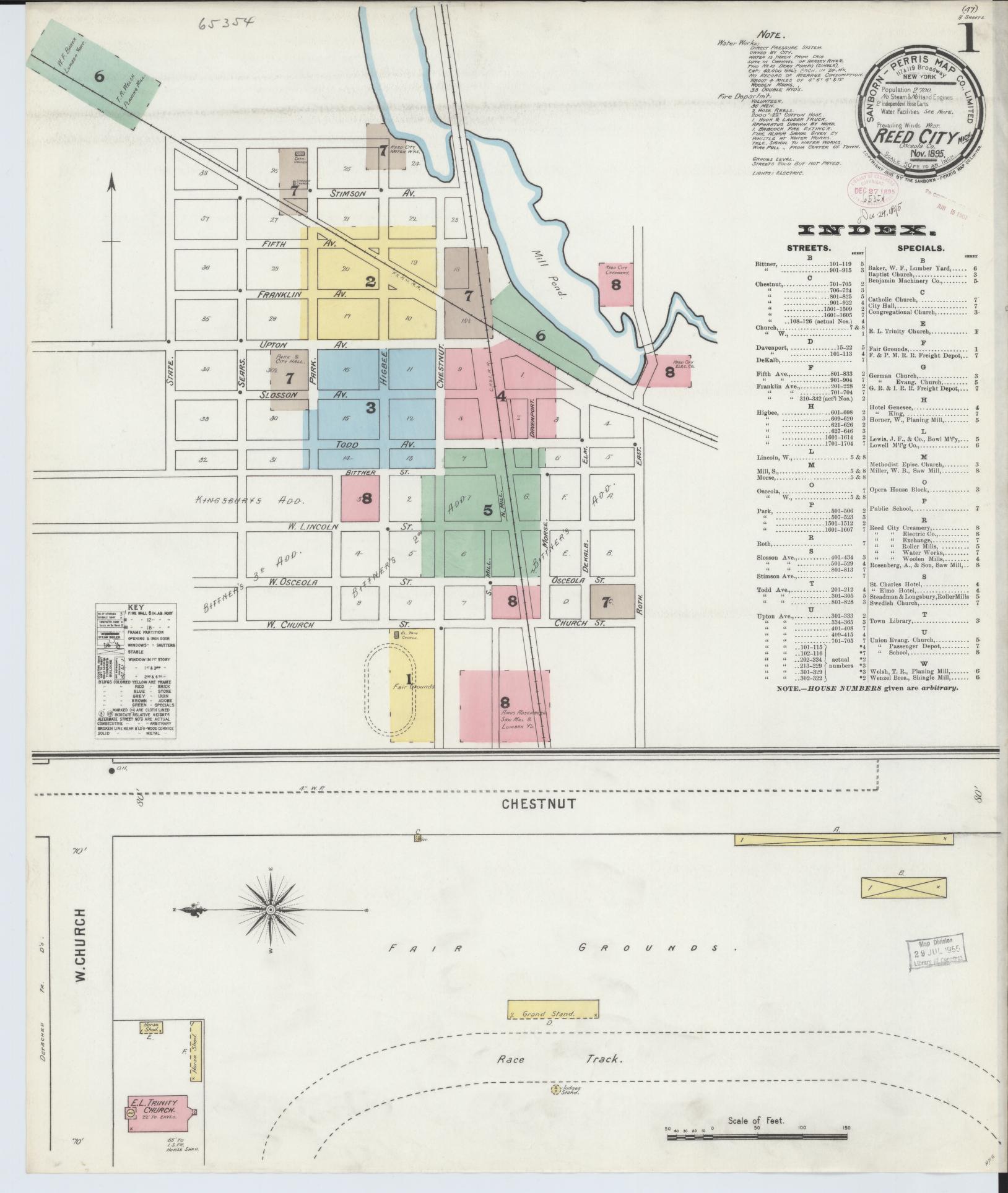 Sanborn Fire Insurance Map from Reed City, Osceola County, Michigan (1895), Sheet #0001 - Complete Map Set gallery image, historic Sanborn map, vintage wall art, Michigan Michigan