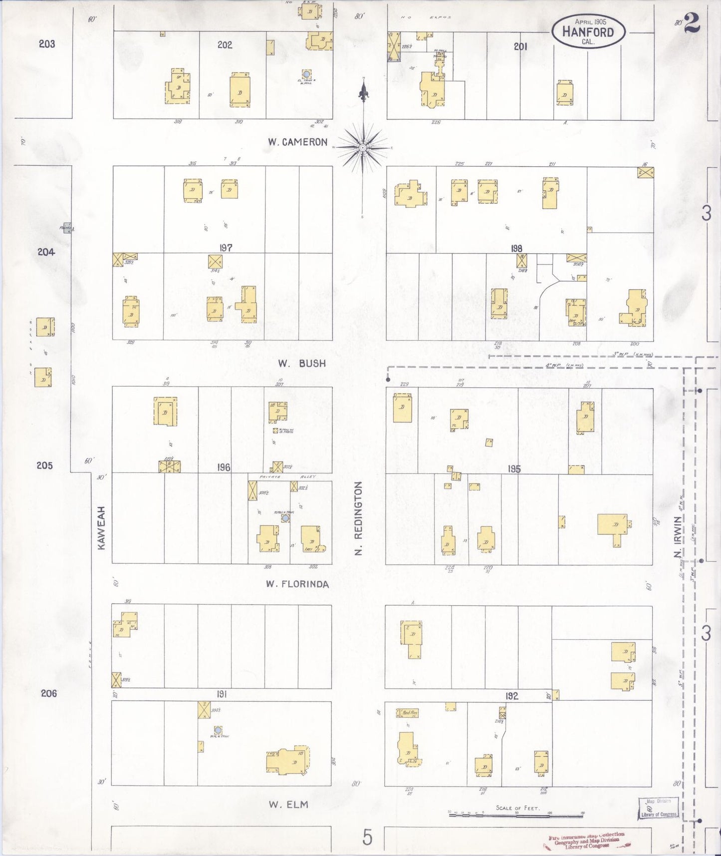 Sanborn Fire Insurance Map from Hanford, Kings County, California (1905), Sheet #0002 - Historic Sanborn Fire Insurance Map Print, vintage old map wall art, antique decor, genealogy gift, California California map