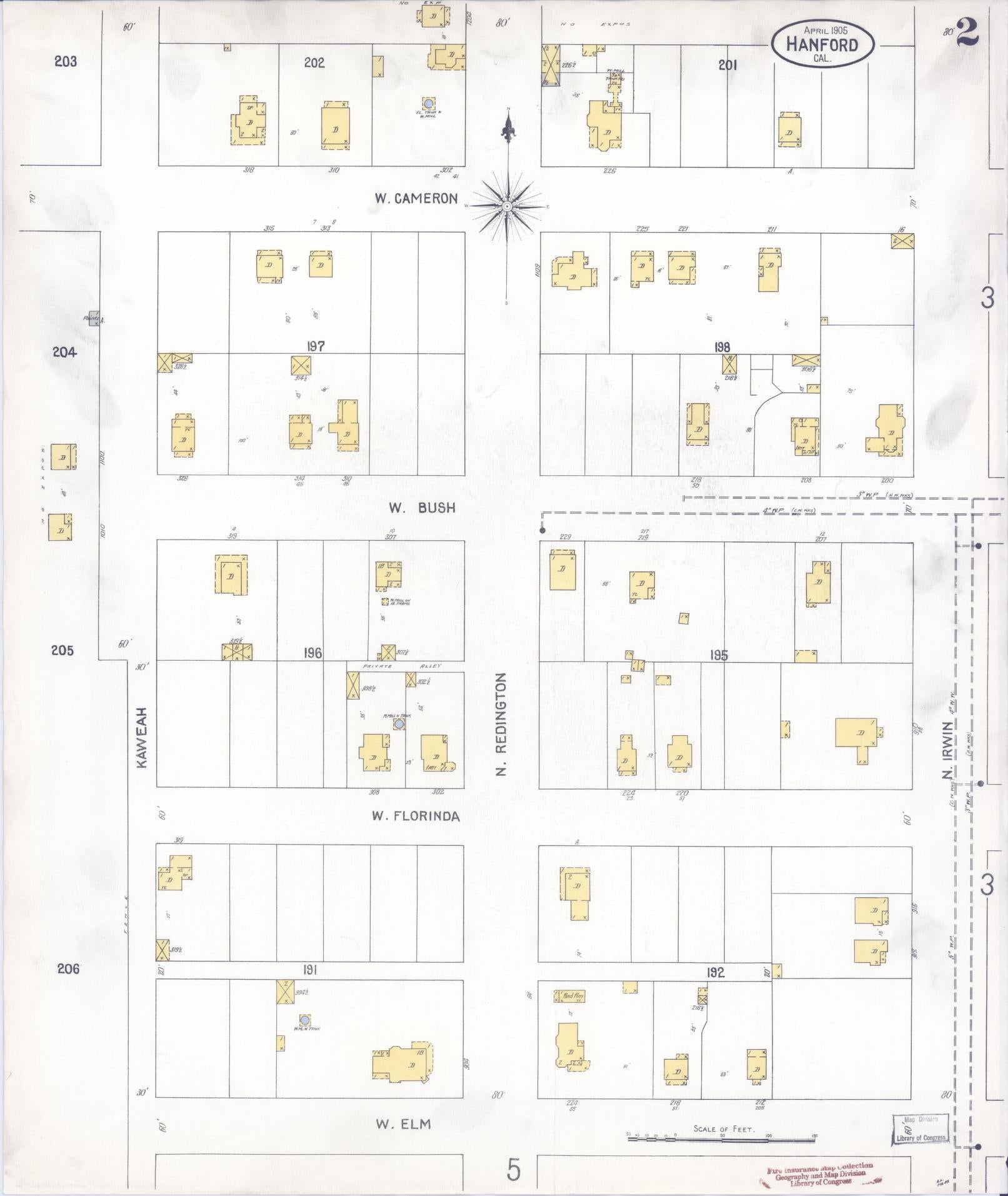 Sanborn Fire Insurance Map from Hanford, Kings County, California (1905), Sheet #0002 - Historic Sanborn Fire Insurance Map Print, vintage old map wall art, antique decor, genealogy gift, California California map