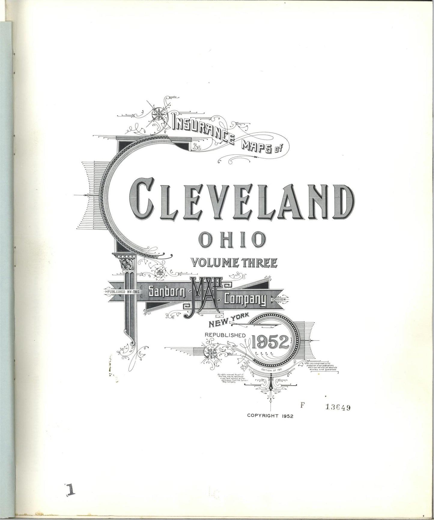 Sanborn Fire Insurance Map from Cleveland, Cuyahoga County, Ohio (1952), Sheet #0001 - Complete Map Set gallery image, historic Sanborn map, vintage wall art, Ohio Ohio