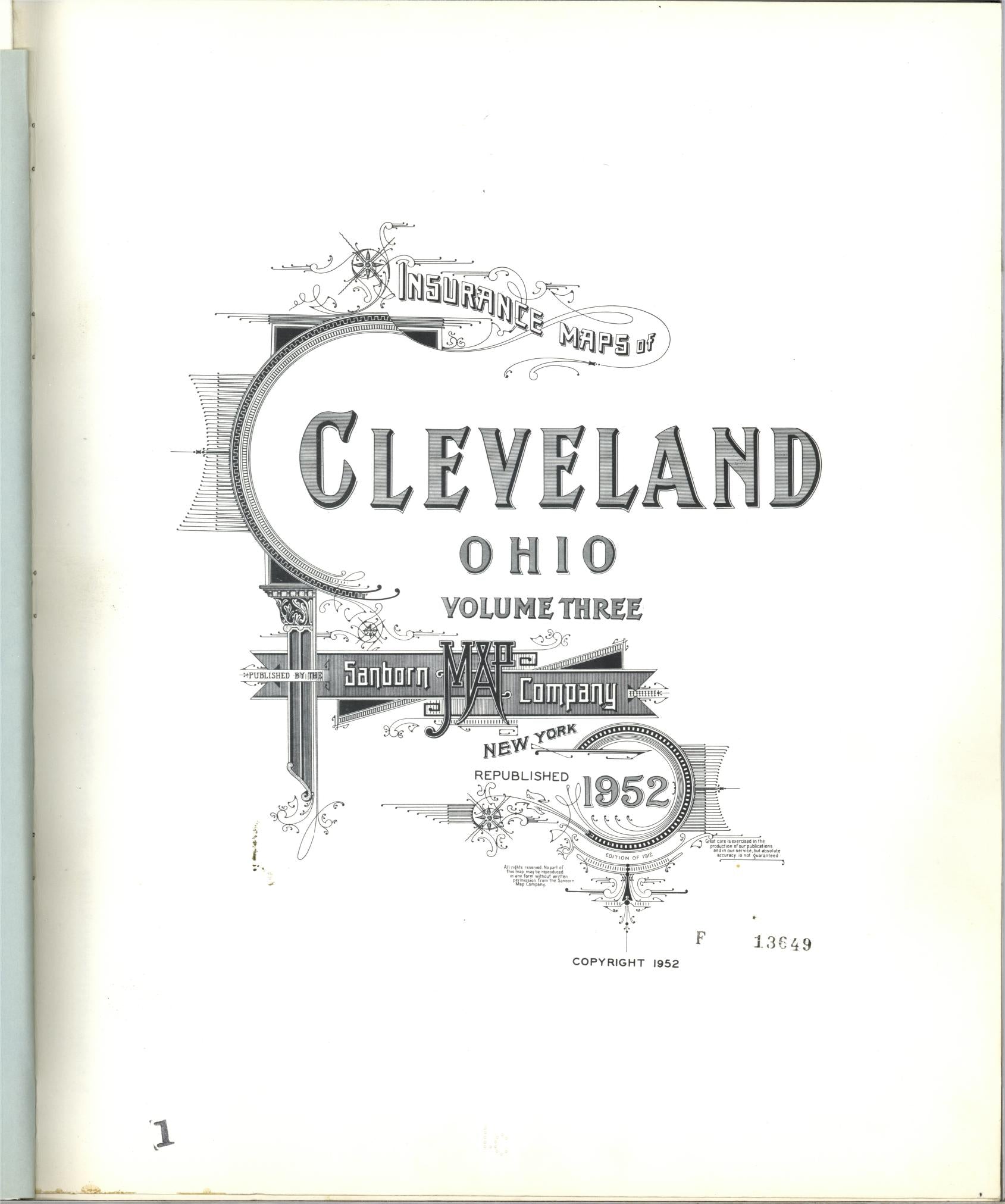 Sanborn Fire Insurance Map from Cleveland, Cuyahoga County, Ohio (1952), Sheet #0001 - Complete Map Set gallery image, historic Sanborn map, vintage wall art, Ohio Ohio