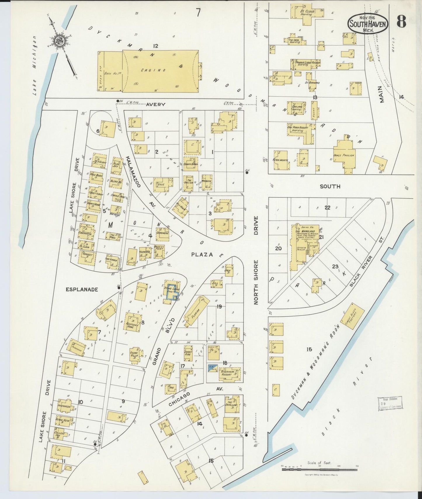 Sanborn Fire Insurance Map from South Haven, Van Buren County, Michigan (1916), Sheet #0008 - Historic Sanborn Fire Insurance Map Print, vintage old map wall art, antique decor, genealogy gift, Michigan Michigan map