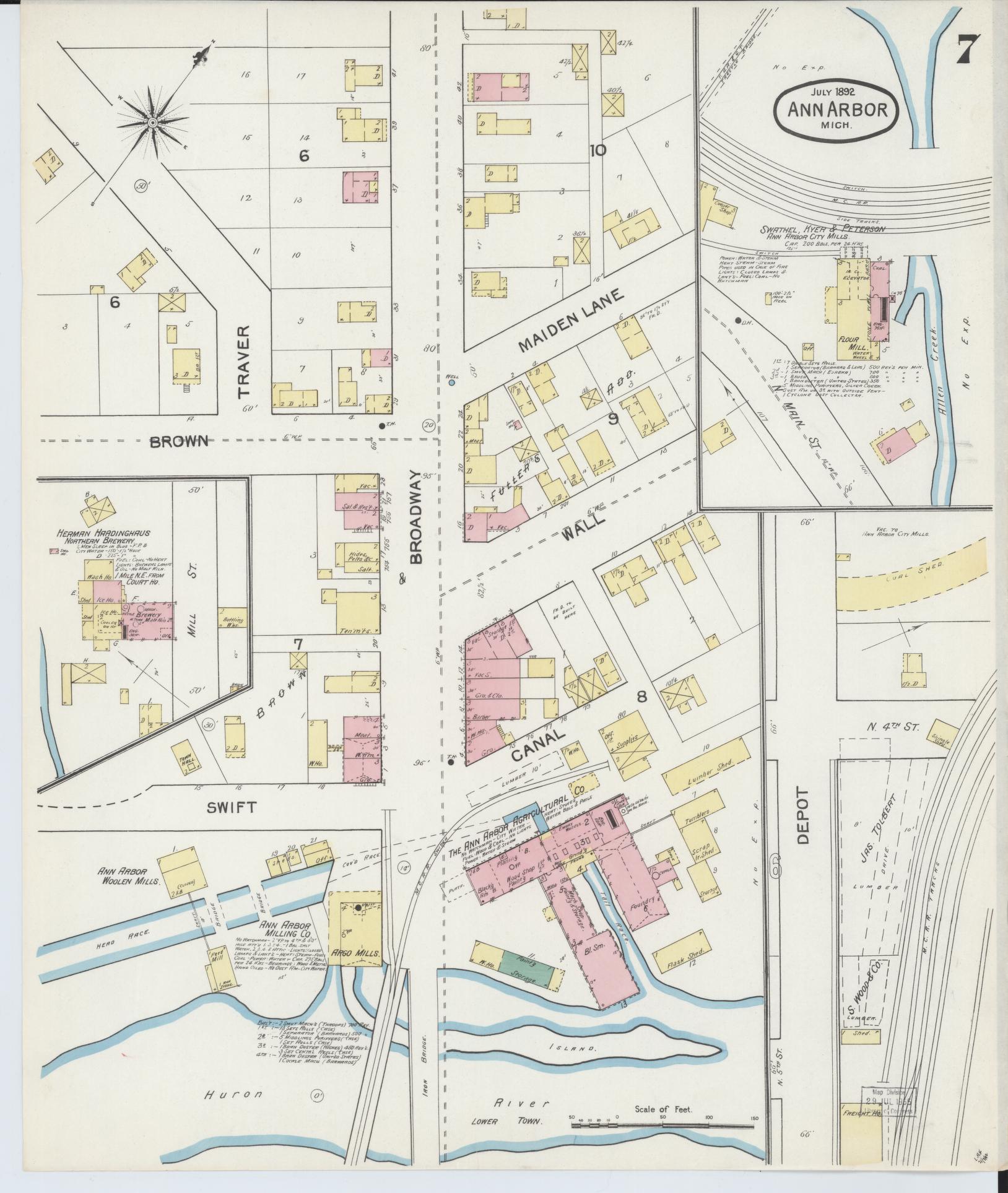 Sanborn Fire Insurance Map from Ann Arbor, Washtenaw County, Michigan (1892), Sheet #0007 - Complete Map Set gallery image, historic Sanborn map, vintage wall art, Michigan Michigan