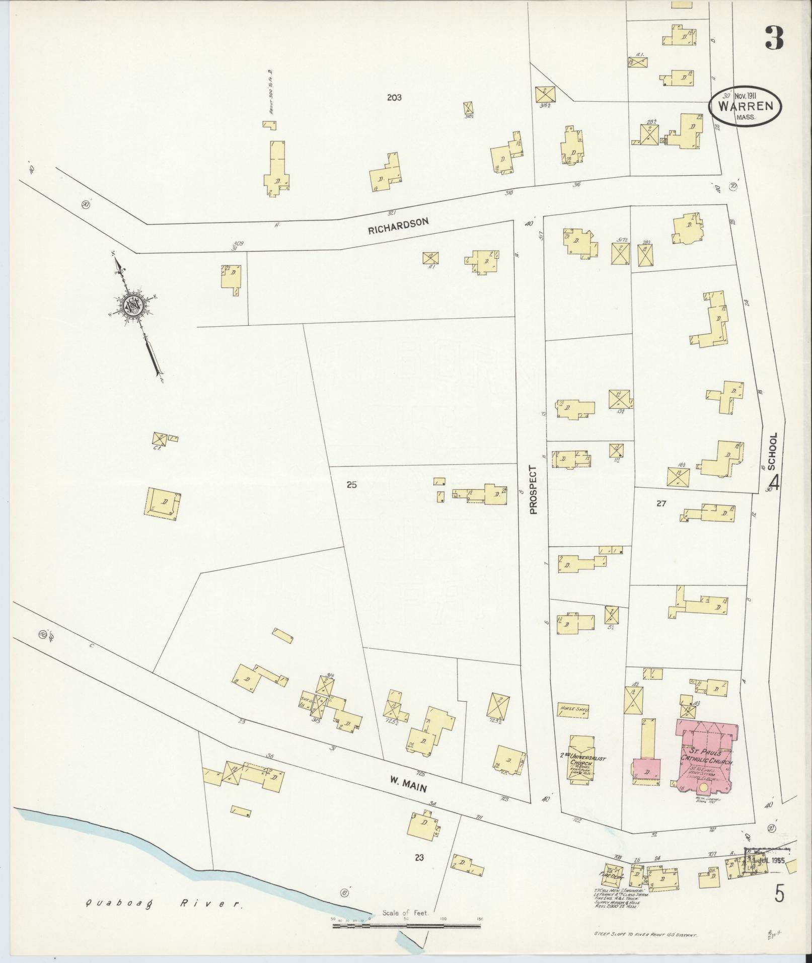 Sanborn Fire Insurance Map from Warren, Worcester County, Massachusetts (1911), Sheet #0003 - Historic Sanborn Fire Insurance Map Print, vintage old map wall art, antique decor, genealogy gift, Massachusetts Massachusetts map