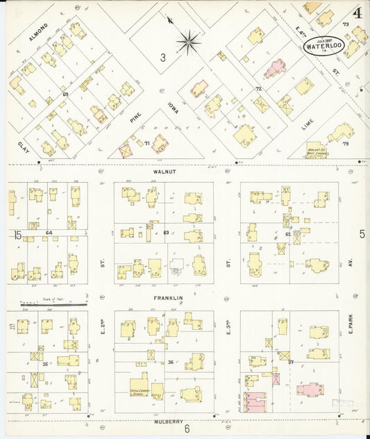 Sanborn Fire Insurance Map from Waterloo, Black Hawk County, Iowa (1897), Sheet #0004 - Historic Sanborn Fire Insurance Map Print, vintage old map wall art