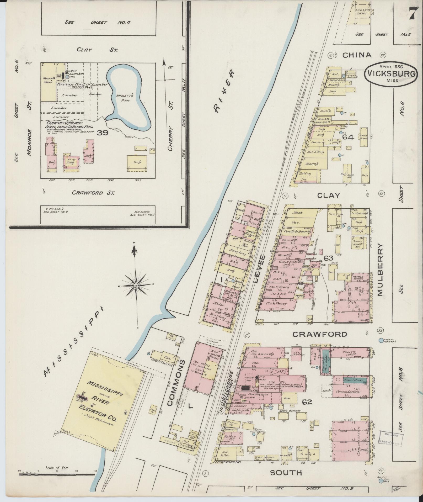 Sanborn Fire Insurance Map from Vicksburg, Warren County, Mississippi (1886), Sheet #0007 - Historic Sanborn Fire Insurance Map Print, vintage old map wall art, antique decor, genealogy gift, Mississippi Mississippi map