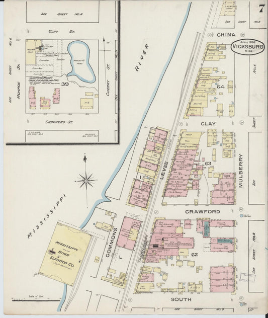 Sanborn Fire Insurance Map from Vicksburg, Warren County, Mississippi (1886), Sheet #0007 - Historic Sanborn Fire Insurance Map Print, vintage old map wall art, antique decor, genealogy gift, Mississippi Mississippi map
