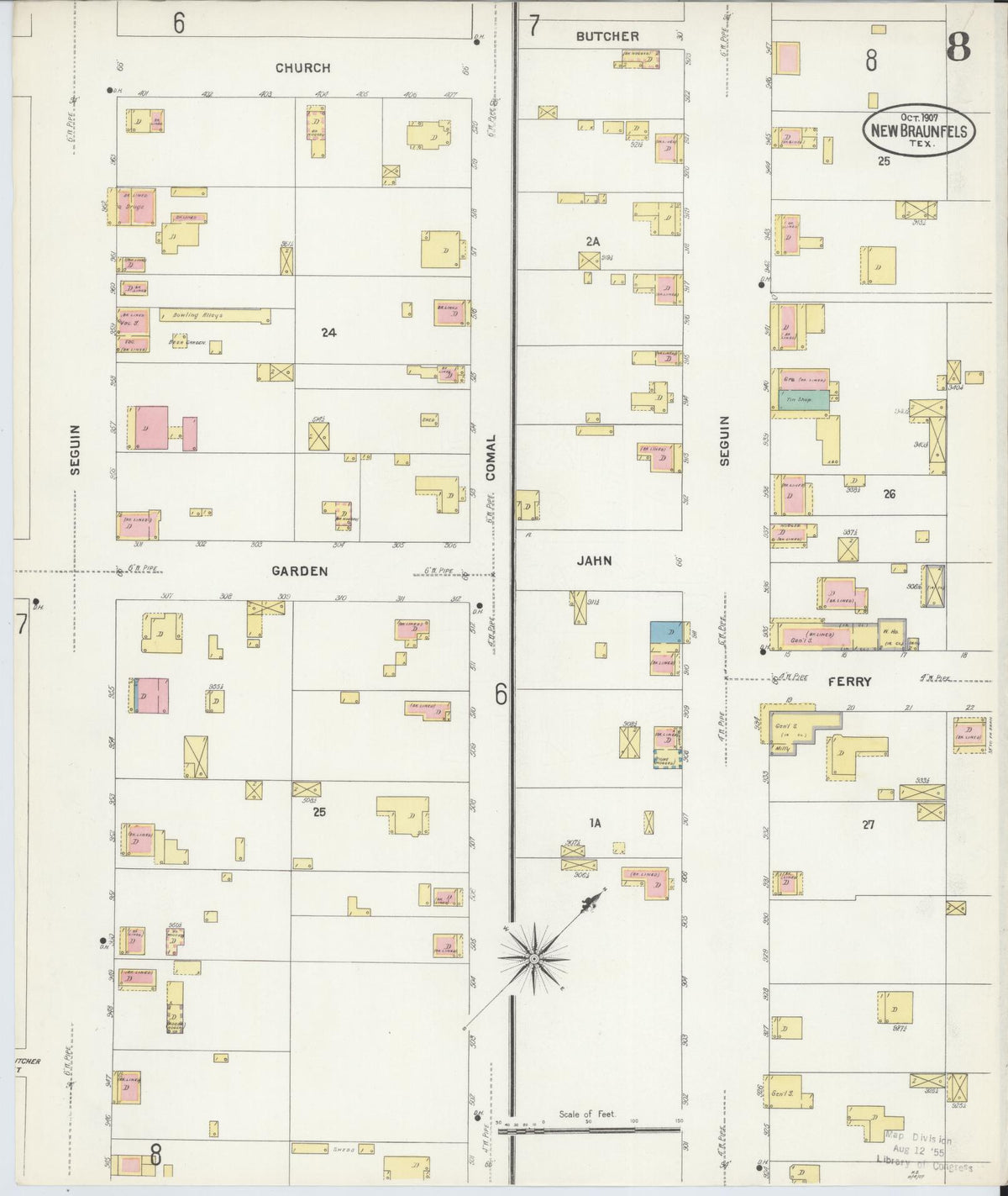 Sanborn Fire Insurance Map from New Braunfels, Comal County, Texas (1907), Sheet #0008 - Complete Map Set gallery image, historic Sanborn map, vintage wall art, Texas Texas