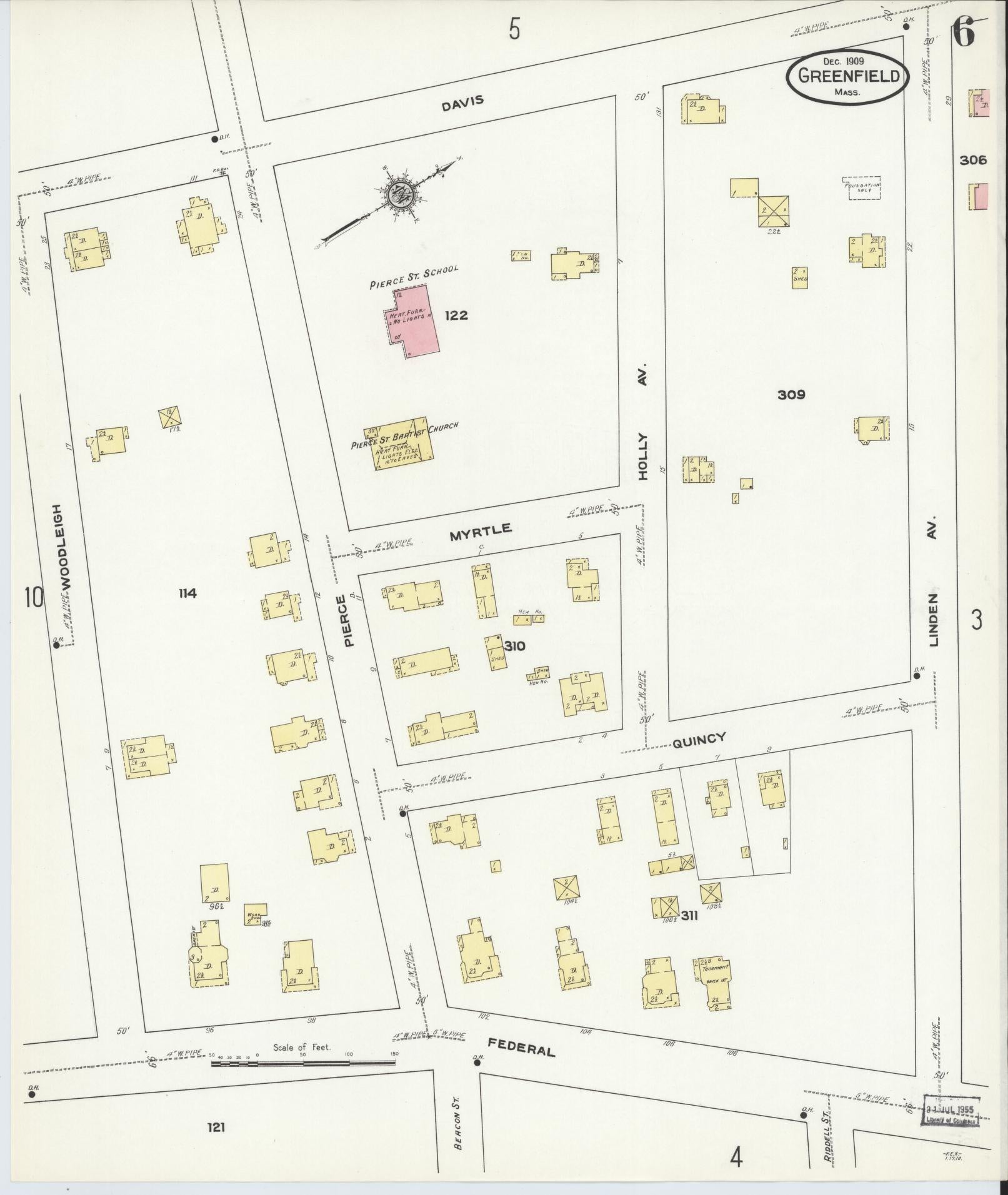 Sanborn Fire Insurance Map from Greenfield, Franklin County, Massachusetts (1909), Sheet #0006 - Historic Sanborn Fire Insurance Map Print, vintage old map wall art, antique decor, genealogy gift, Massachusetts Massachusetts map